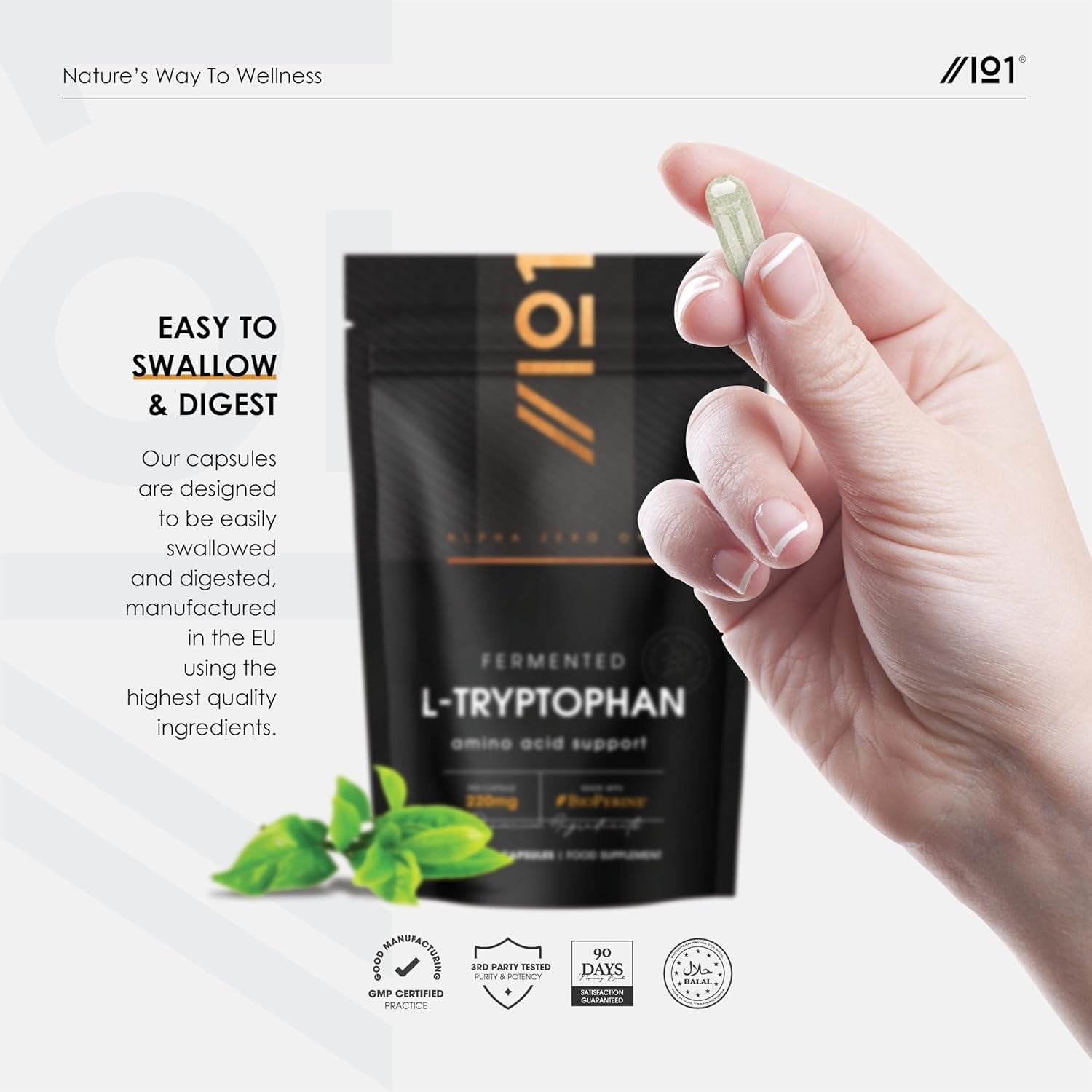 L-Tryptophan 220Mg with Bioperine® - 90 Vegan Capsules – Naturally Fermented L-Tryptophan Supplement with Black Pepper Extract for Increased Bioavailability - 3 Months Supply - by Alpha01