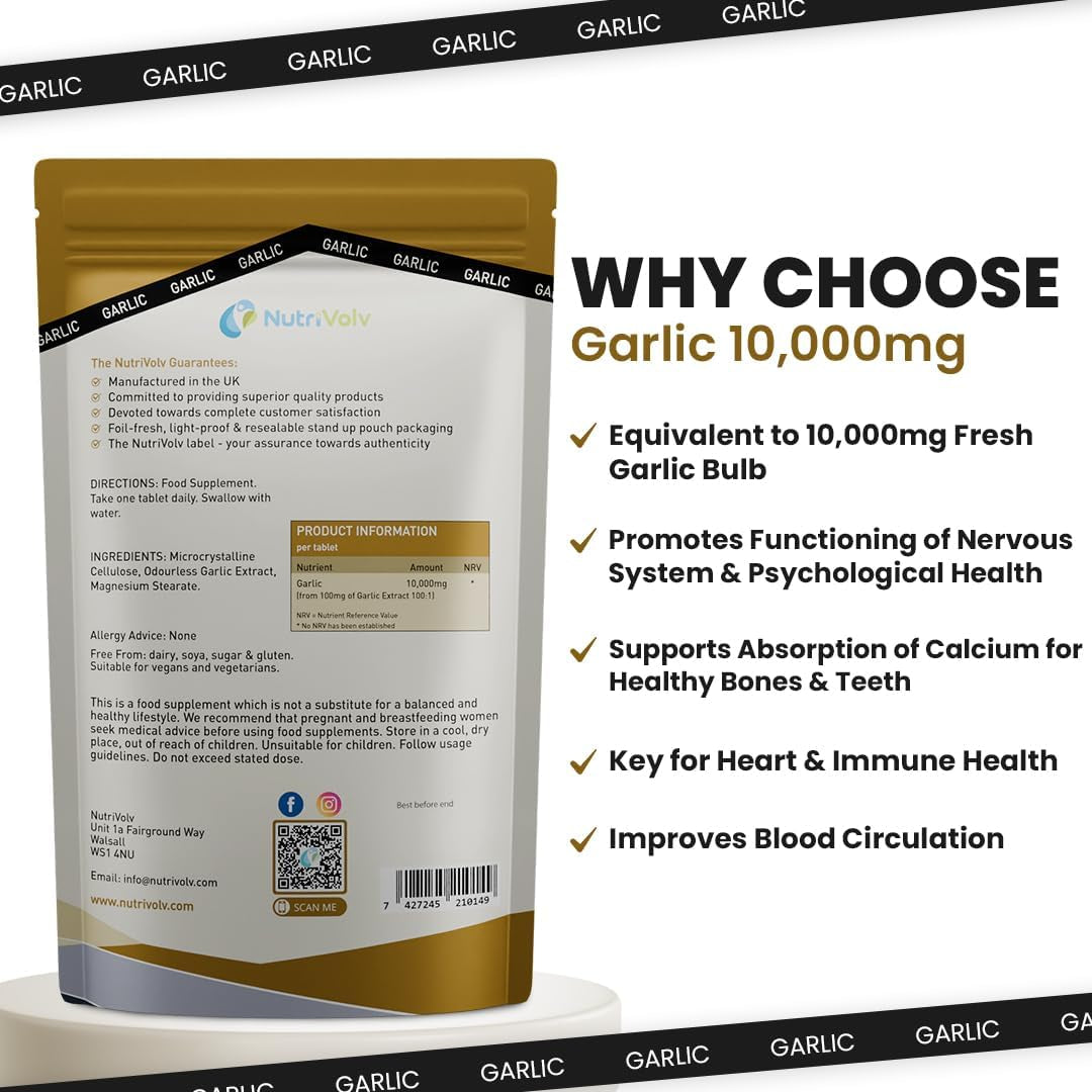 Garlic 10000Mg High Strength Supplements Nutrition for Blood Pressure Support, Improved Heart Health, and Robust Immune System — Pack of 120 Healthcare Tablets