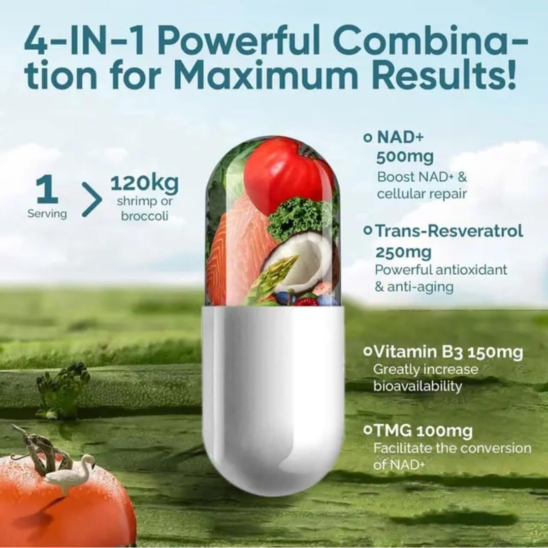NAD Supplement 1000Mg with True NAD+ 500Mg & Resveratrol 250Mg for Cellular Energy and Healthy Aging Support