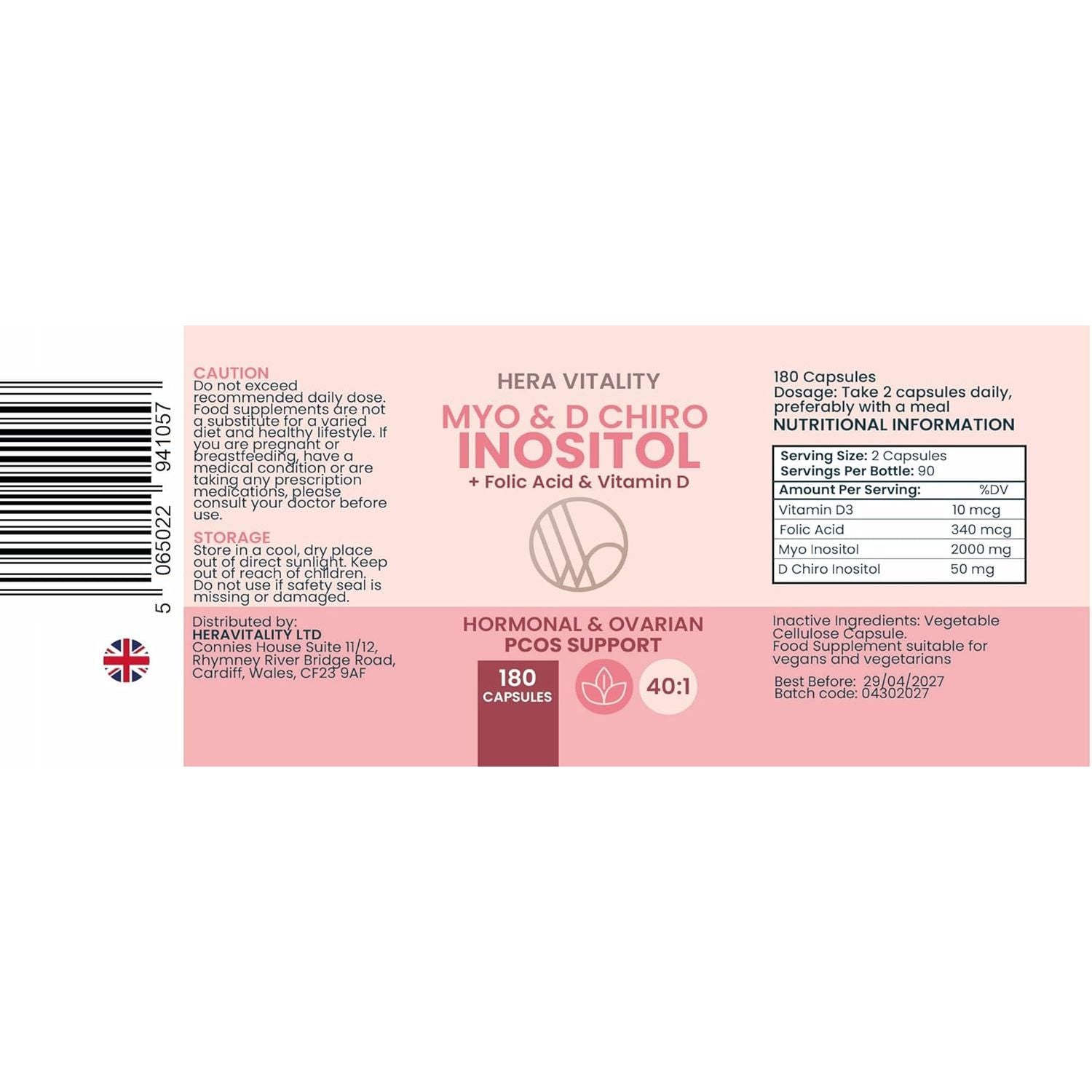 Inositol Supplement for Women (180 Capsules) 3 Month Supply | Myo-Inositol & D-Chiro 40:1 with Folic Acid & Vitamin D | PCOS, Hormone Balance, Pre Conception Fertility & Ovulation Support