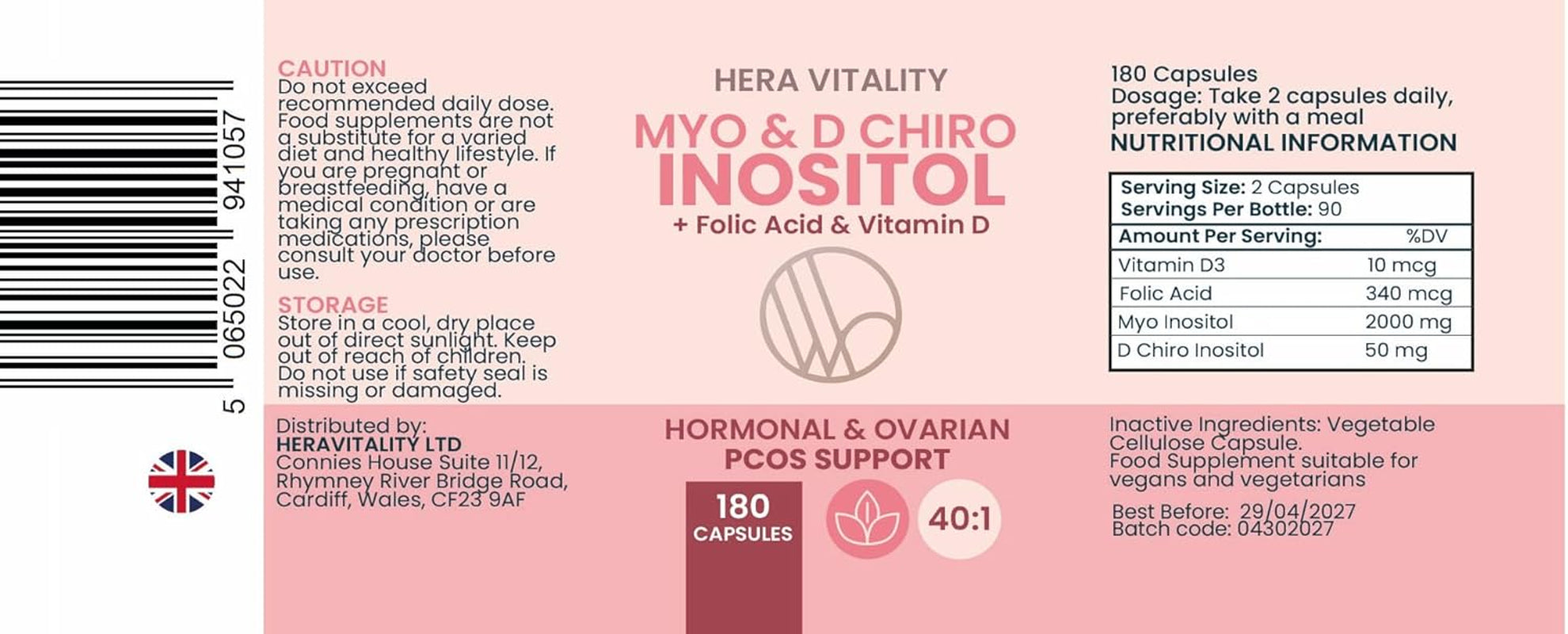 Inositol Supplement for Women (180 Capsules) 3 Month Supply | Myo-Inositol & D-Chiro 40:1 with Folic Acid & Vitamin D | PCOS, Hormone Balance, Pre Conception Fertility & Ovulation Support