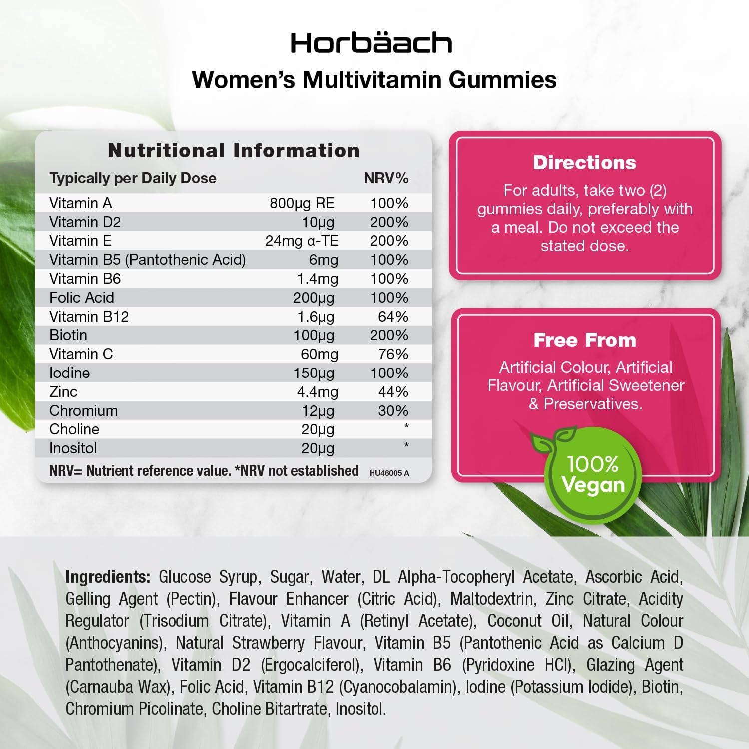 Multivitamin Gummies for Women | 14 Active Ingredients | with Zinc, Vitamins C, Biotin, B6, B12, B9 (Folic Acid) & More! | Hair, Skin and Nails | 60 Vegan Gummies - Natural Strawberry | by Horbaach