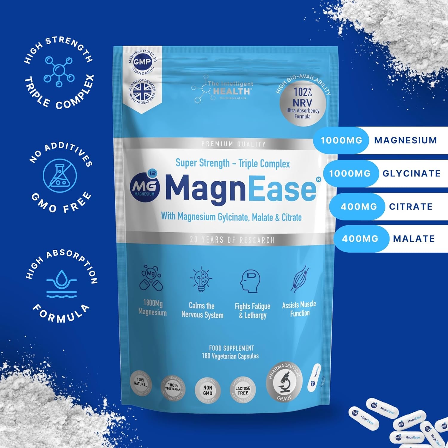 The Intelligent Health Magnease Magnesium, 1800 MG Super Strength - Triple Complex with Magnesium Gylcinate, Malate & Citrate (180)