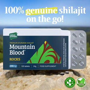 Mountain Blood Rocks! 120 Shilajit Tablets Pills (24G) 4 Months Supply - Authentic, Vegan, Ethically Sourced, Mineral-Rich, UK Lab-Tested, Boosts Energy & Stamina, Made in UK by Nature Provides