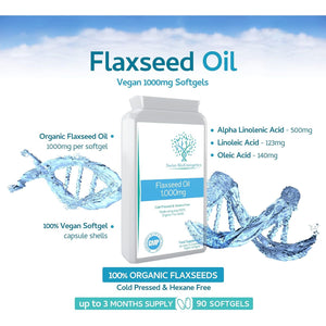 Flaxseed Oil Capsules 1000Mg – 90 Vegan Soft Gels - High in Omega 3, 6, 9 - Made with Only Cold Pressed, Hexane Free Organic Flax Seed - Manufactured in the UK