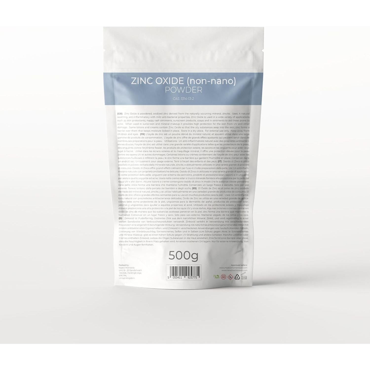 Mystic Moments | Zinc Oxide Powder Non-Nano 500G | Cosmetic Grade | Mineral-Based White Powder | External Use Only | Ideal for DIY Skincare, Soaps & Creams