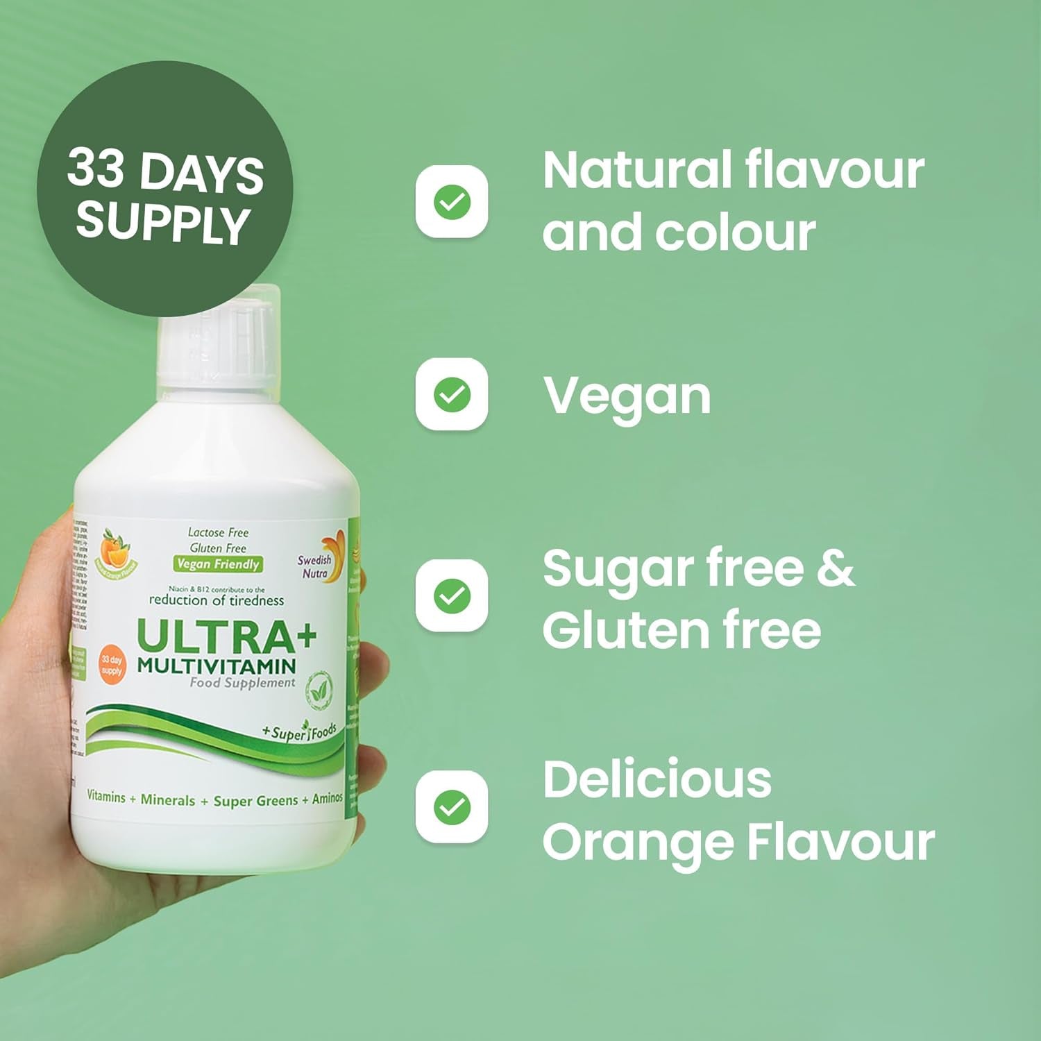 Swedish Nutra - Ultra+ Multivitamin Liquid Food Supplement - Pack of 500 Ml, 33 Day Supply | Packed with Vitamins, Minerals, Super Greens & Aminos to Boost Energy & Immunity I Natural Orange Flavour