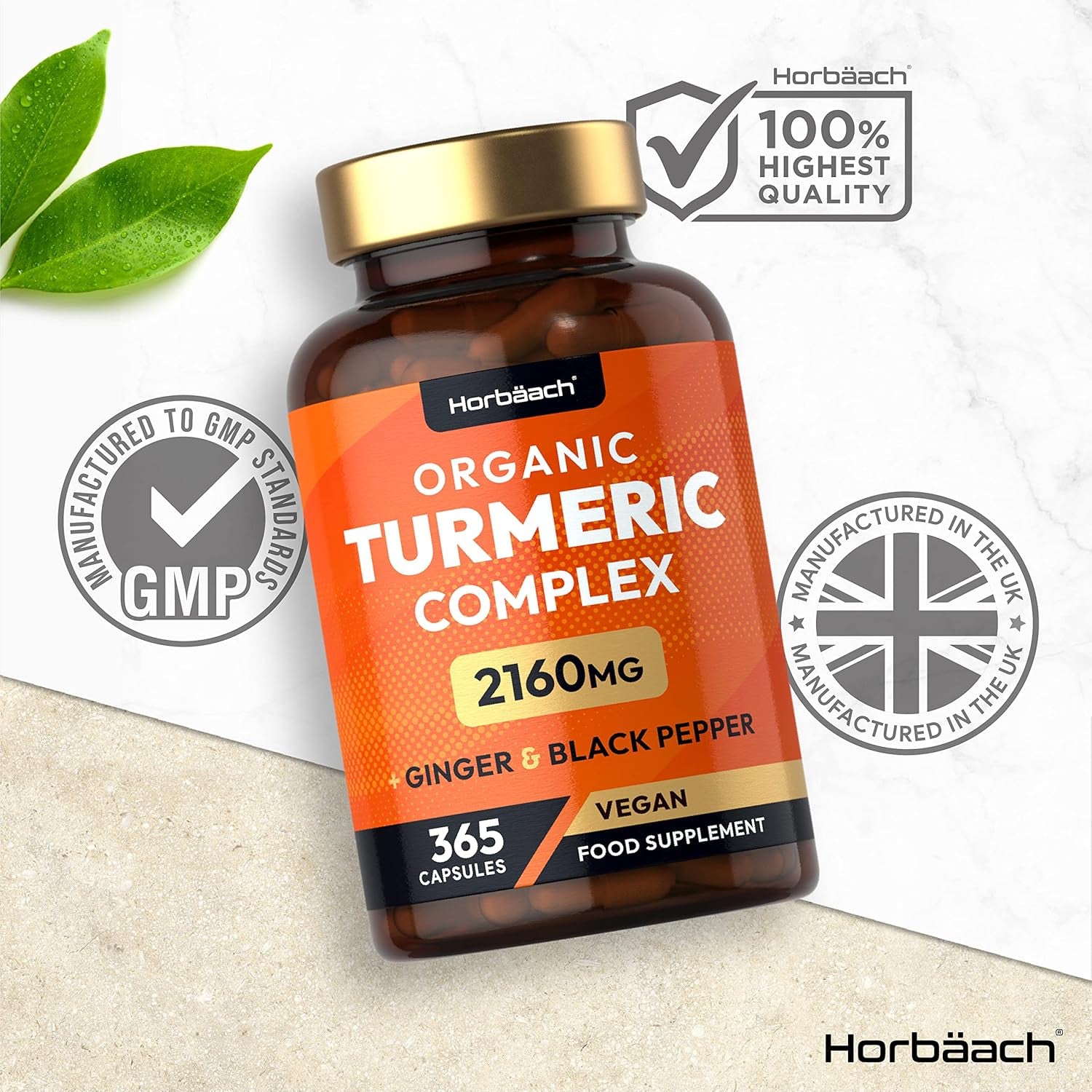 Organic Turmeric and Black Pepper 2160Mg | with Added Ginger | High Strength Curcumin Capsules | 365 Vegan Capsules | Easy-To-Swallow Formula | by Horbaach