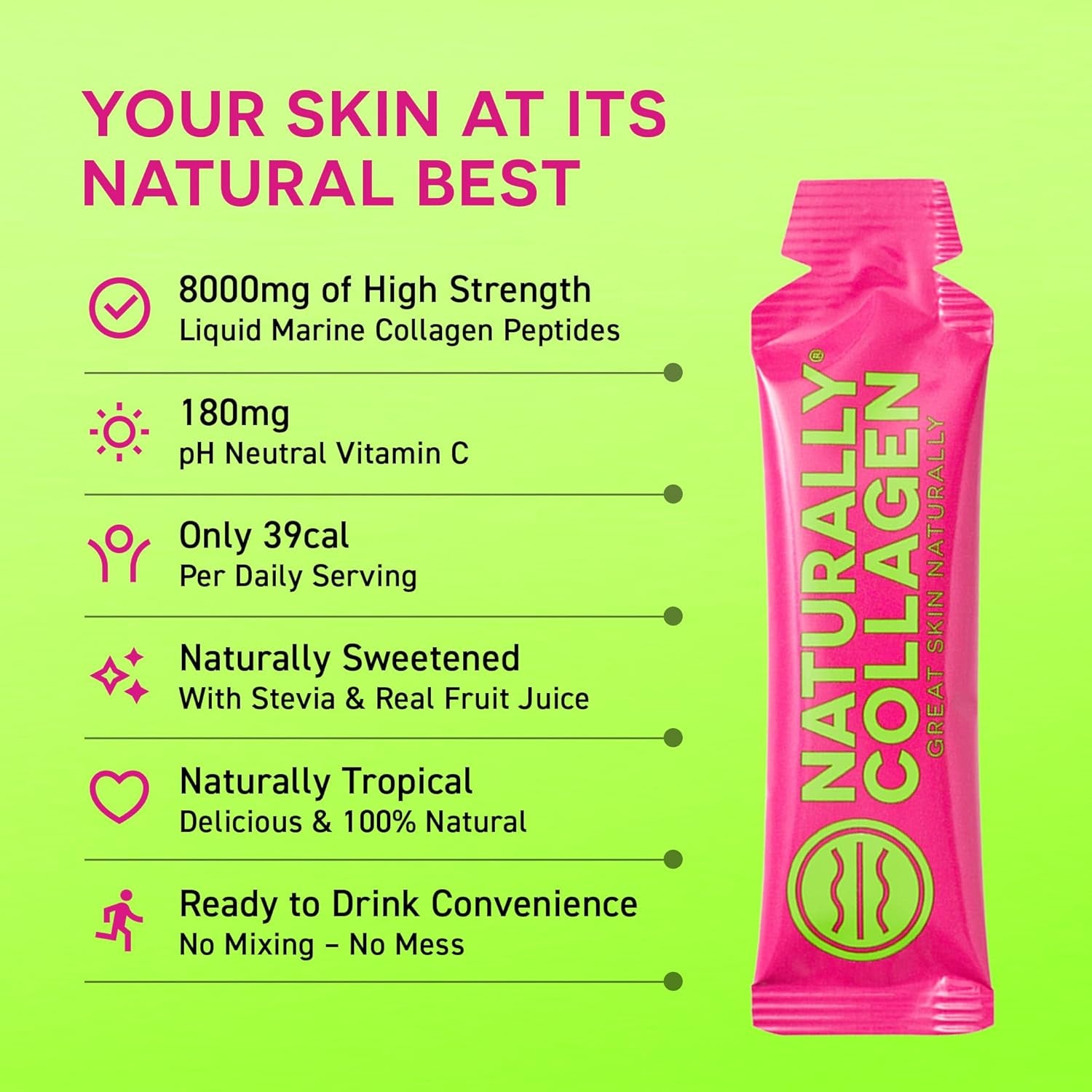 Naturally Collagen - 8000Mg of Premium Liquid Marine Collagen Supplement for Women & 180Mg Vitamin C for Healthier Skin, Hair & Nails - Clean & Natural - 15Ml Sachets - 14 Day Course - UK Made
