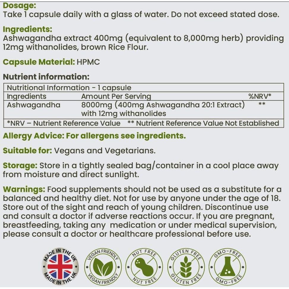 Ashwagandha 8000Mg, Pure High Strength Ashwagandha Root Extract Withanolides, Mood, Stress, Anxiety, 90 Vegan Capsules