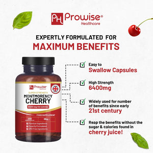 Montmorency Cherry 6400Mg - 200 Tart Cherry Capsules - Natural Tart Cherry Extract Supplement for Men & Women – Super Strength, Gluten Free, Vegan and GMO Free - Made in the UK by Prowise