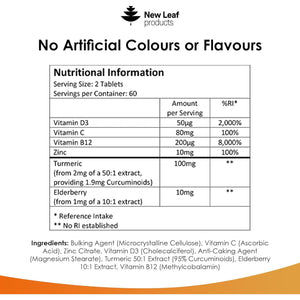 Vitamin D3 Immune Booster Complex - with Vitamins D,C, B12, Zinc, Turmeric & Elderberry - Immune Support - Made in the UK - Immunity Booster by New Leaf 120 Tablets