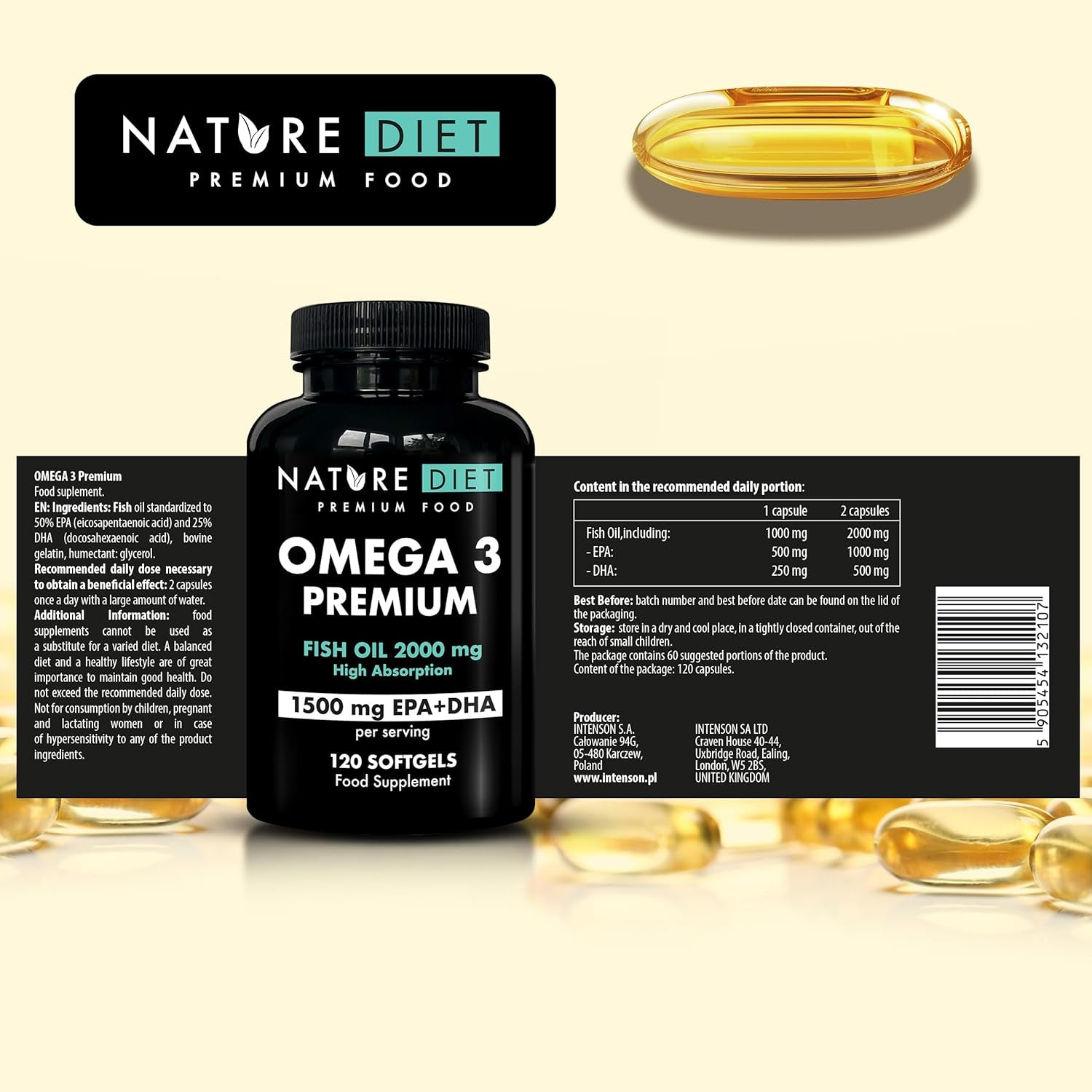 Nature Diet Omega 3 Premium - 2000Mg with 1500Mg of EPA & DHA - 120 Softgel Capsules of High Strength Omega 3 Fish Oil – 2 Months Supply