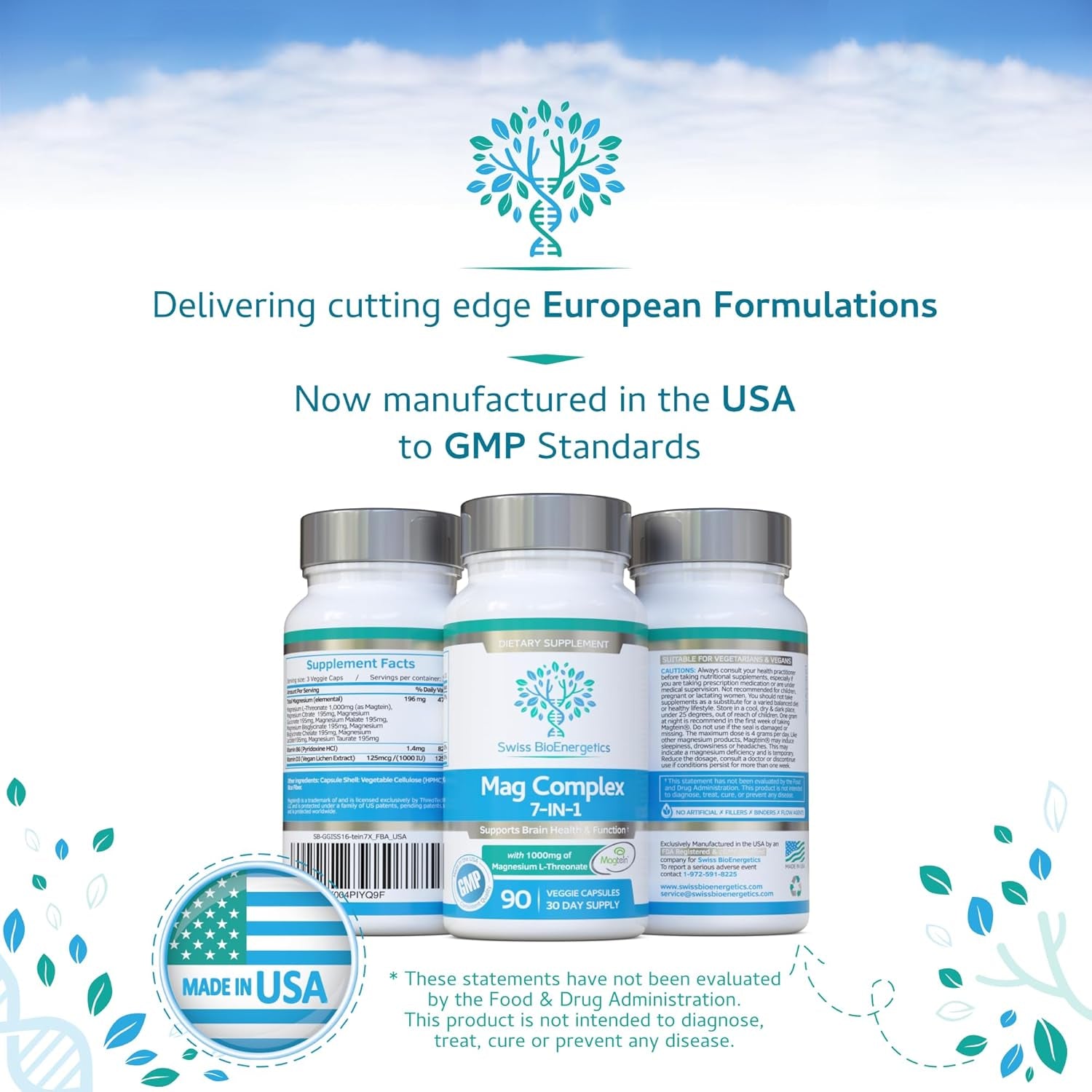Magnesium L-Threonate Complex 7-In-1 with 1000Mg of Magtein plus Magnesium as Bisglycinate, Taurate, Citrate, Gluconate, Malate & Lactate - Supports Sleep - Vegan, UK Made and No Artificial Nasties