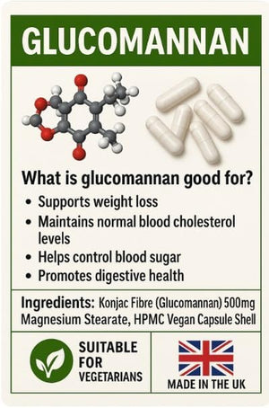 Glucomannan Capsules - High Fiber Supplement for Digestive Health & Weight Management for Man and Women - 60 Capsules - Suitable for Vegans