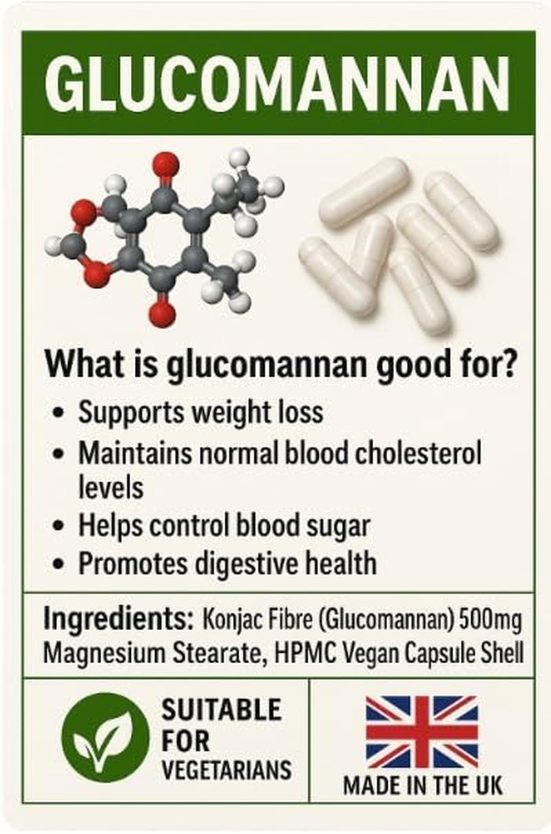 Glucomannan Capsules - High Fiber Supplement for Digestive Health & Weight Management for Man and Women - 60 Capsules - Suitable for Vegans