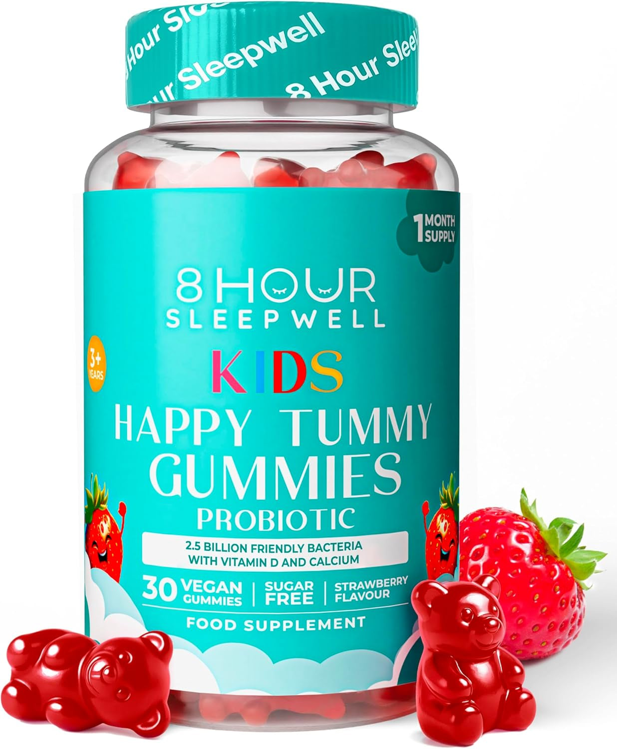 Kids Probiotic Gummies – Chewable, Sugar-Free & Vegan – Probiotics with Vitamin D & Calcium for Immune Support & Gut Health – Raspberry Flavor, Gluten-Free – 1 Month Supply