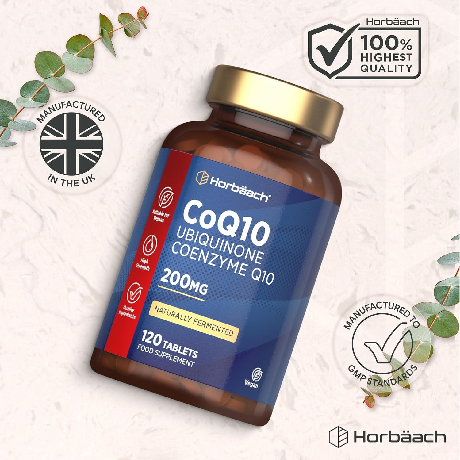 Coq10 Supplement 200Mg | 120 Vegan Tablets | High Strength Naturally Fermented Ubiquinone Coenzyme Q10 | by Horbaach