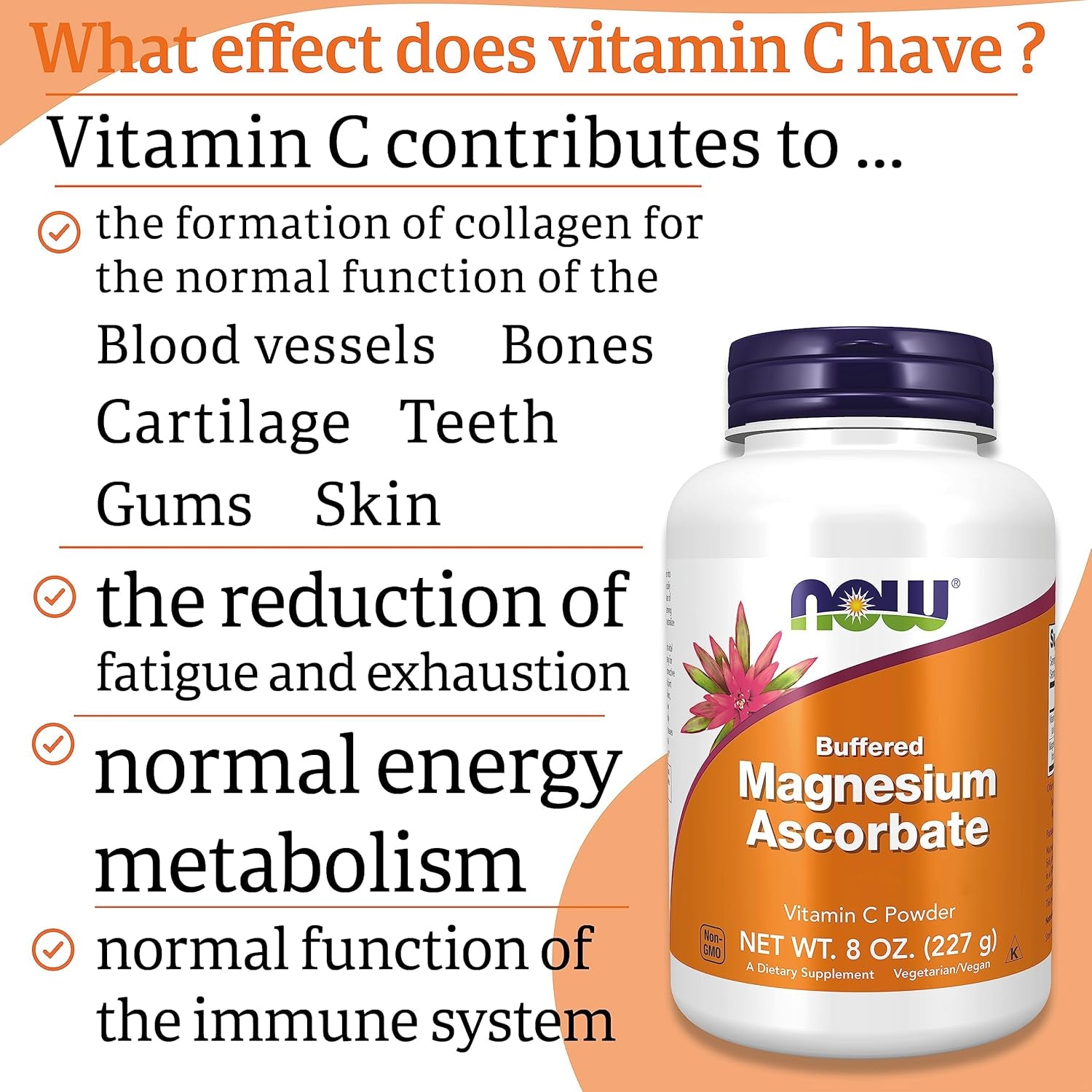 Now Foods, Magnesium Ascorbate, 227G Vegan Powder, Vitamin C, Minerals, Gluten Free, Soy Free, Vegetarian