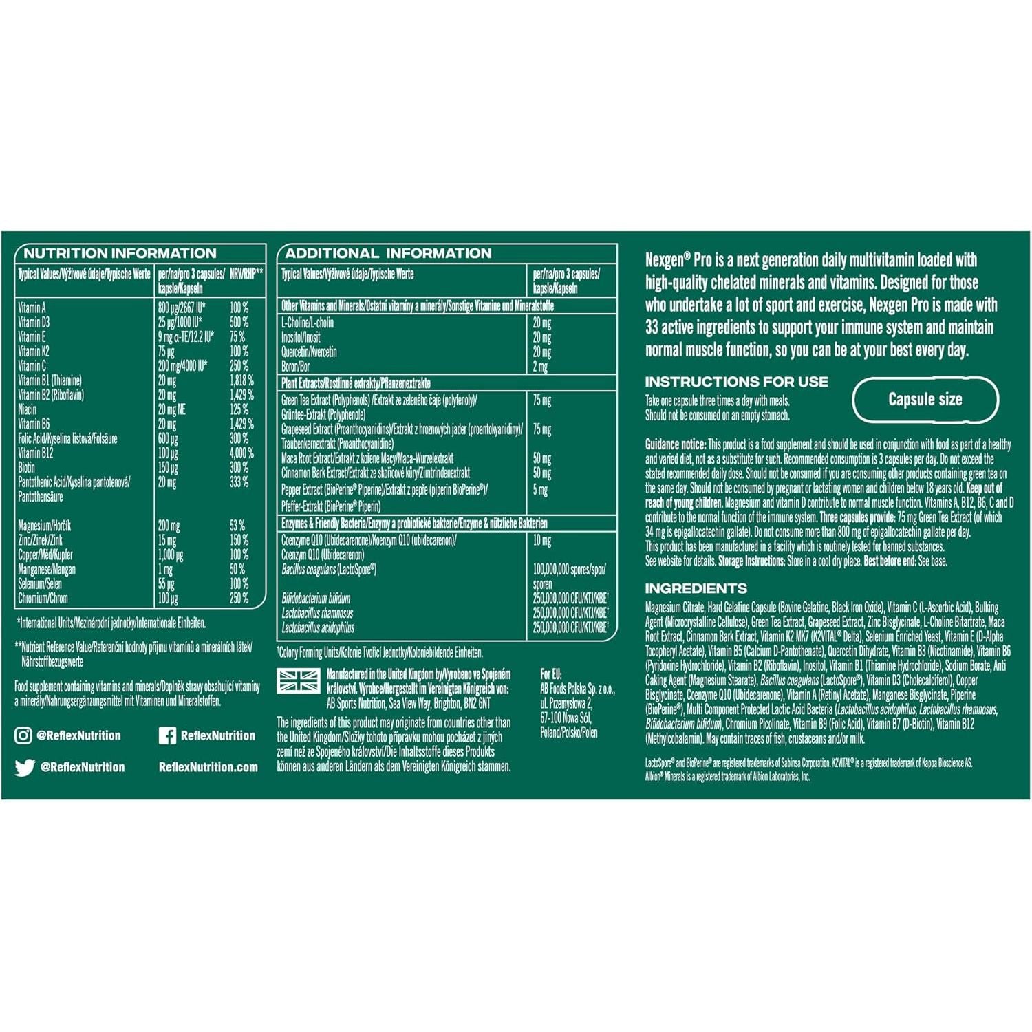 Reflex Nutrition Nexgen® Pro Multivitamins and Minerals for Immune Support (90 Caps) - for Active Lifestyles - Multi Mineral and Vitamins for Immune System - Vitamin D Magnesium Vitamin C Zinc