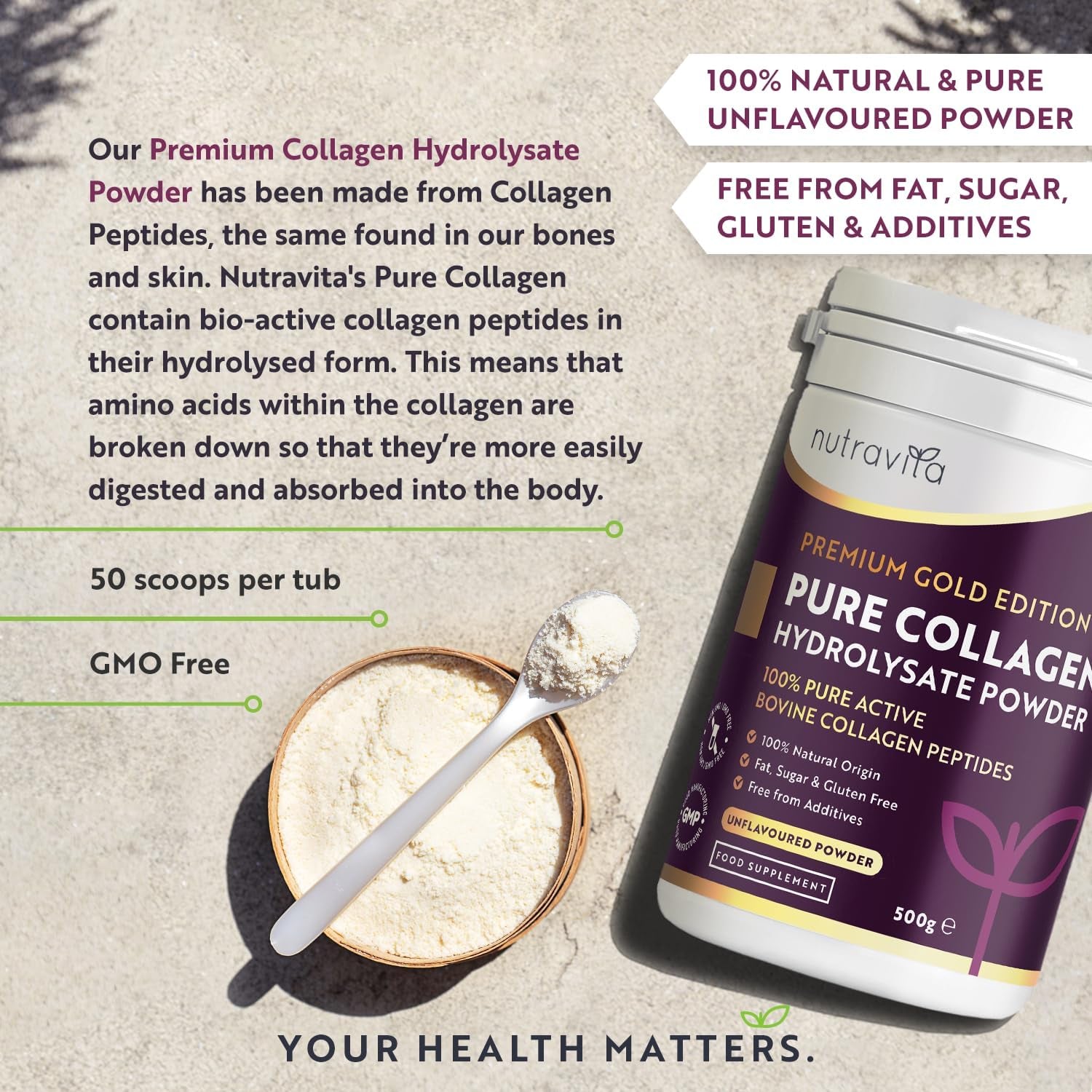 Collagen Powder 500G - Premium Gold Standard Bovine- 50 Servings - Collagen Peptides Supplement with 8 Essential Amino Acids - Made in the UK by Nutravita