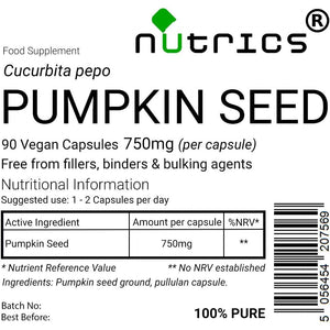 Nutrics® Pumpkin Seed 750Mg - Supplement - Suitable for Vegan Vegetarian Diet – Pure - 90 Vegan Capsules (2 Months Supply) (90)