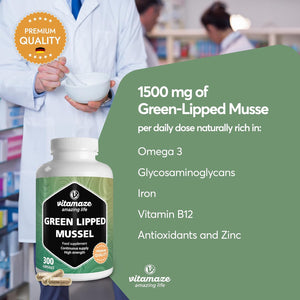 Green Lipped Mussel 1500Mg- Omega 3 & Glycosaminoglycanes- 300 Capsules Pure New Zealand Green Lipped Mussel Powder - Supplement for Cartilage and Joints - German Quality