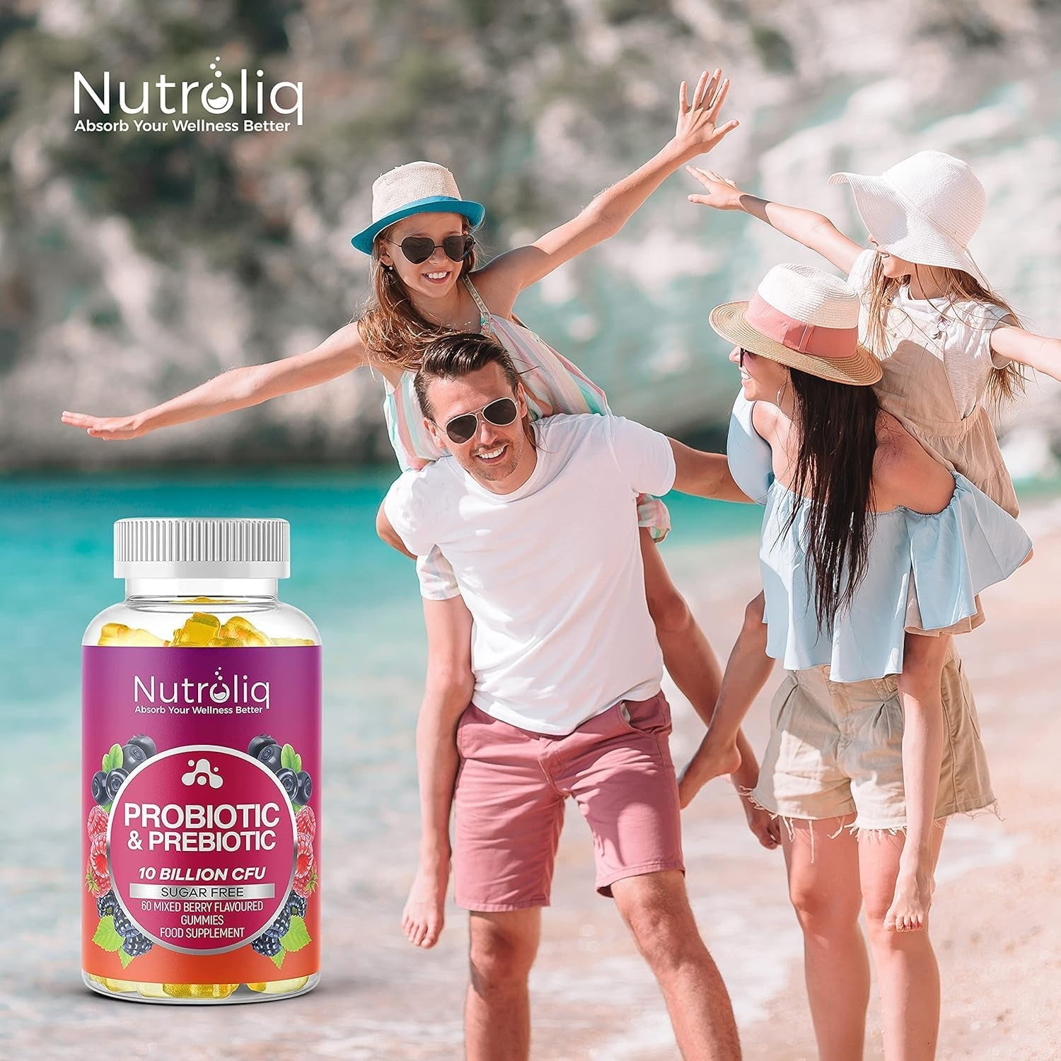 Nutroliq Prebiotic & Probiotic Sugar-Free Gummies - Gut Health Supplements for Women, Men, Kids to Support Digestive System, Immune System Booster - 10 Billion CFU per Serving, Vegan - 60 Gummies