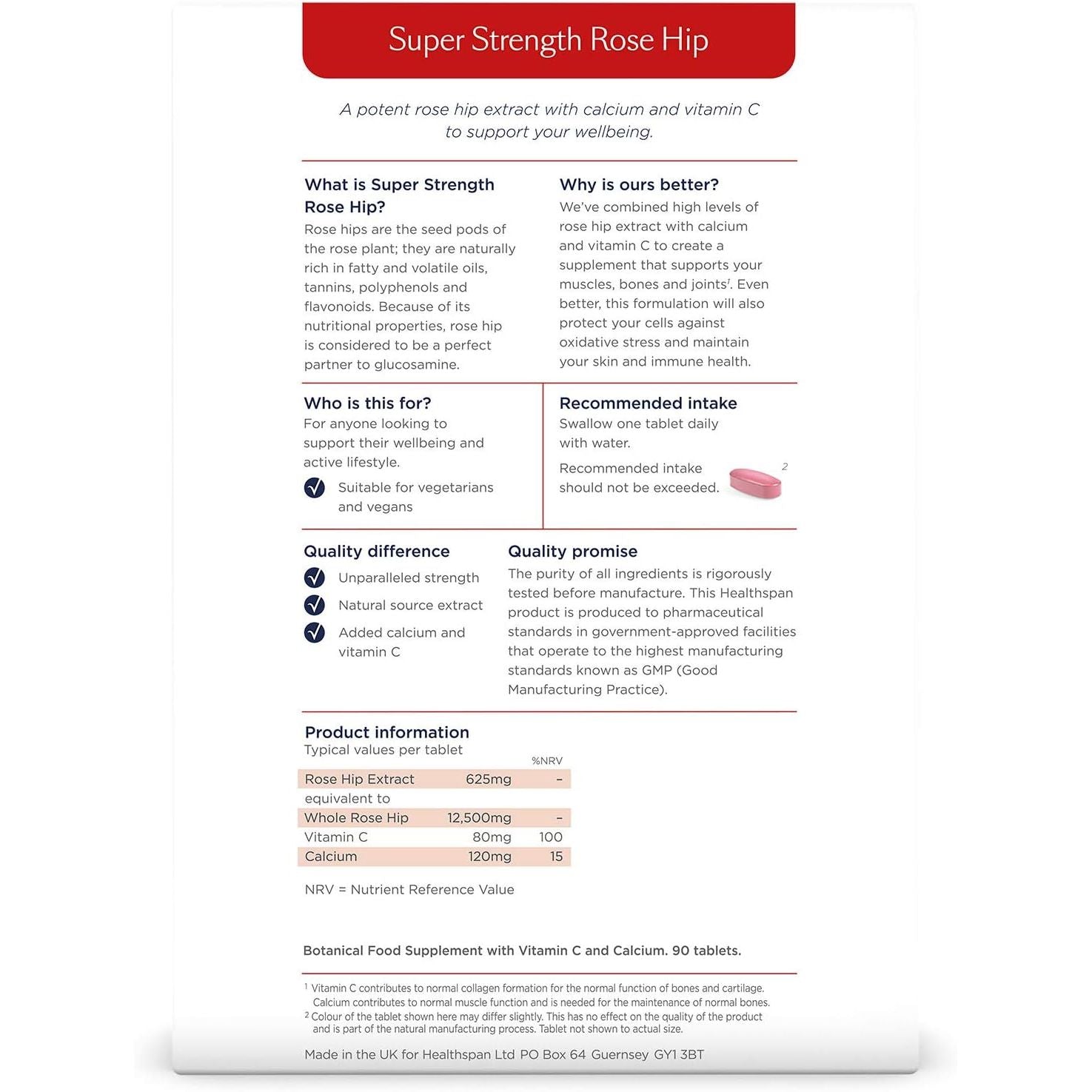 Healthspan Rose Hip 12,500Mg (90 Tablets) | Supports Joint & Immune Health | Helps Maintain Flexible Joints | Added Vitamin C & Calcium | Fatty Acids | Flavonoids | Vegan
