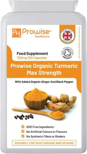 Organic Turmeric Curcumin 720Mg - 120 Capsules | Organic Turmeric and Black Pepper Capsules High Strength | Vegan & Vegetarian Turmeric Supplements | Certified Organic by Soil Association by Prowise
