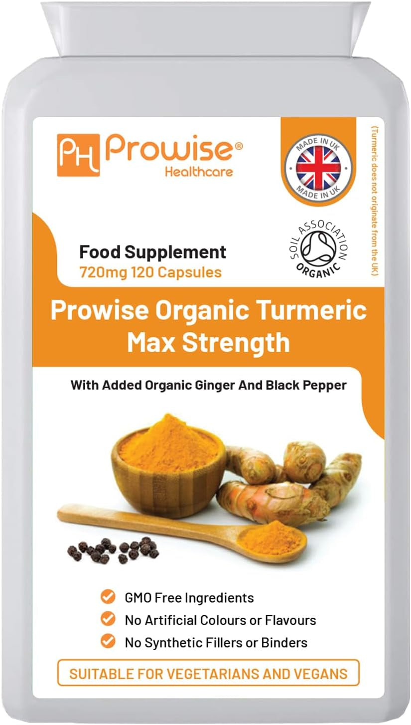 Organic Turmeric Curcumin 720Mg - 120 Capsules | Organic Turmeric and Black Pepper Capsules High Strength | Vegan & Vegetarian Turmeric Supplements | Certified Organic by Soil Association by Prowise