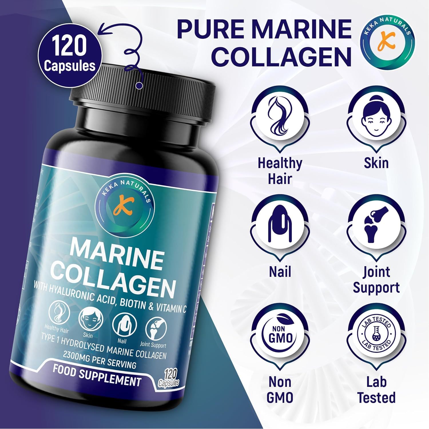 Hydrolysed Marine Collagen Peptides 2300Mg - Enhanced with Hyaluronic Acid & Vitamin C - High Strength Collagen Supplements for Women and Men - 120 Capsules