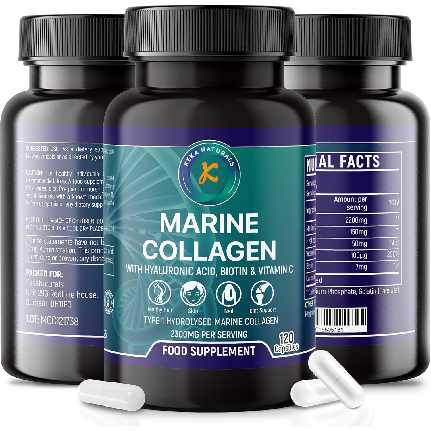 Hydrolysed Marine Collagen Peptides 2300Mg - Enhanced with Hyaluronic Acid & Vitamin C - High Strength Collagen Supplements for Women and Men - 120 Capsules