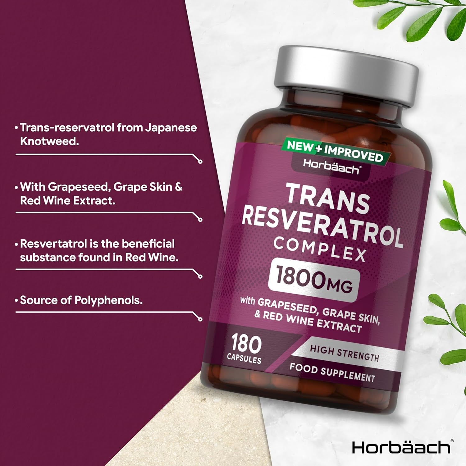 Resveratrol Supplement 1800Mg | 180 Capsules | Trans Resveratrol Complex with Grapeseed, Grape Skin, Red Wine Extract and Blueberry | Source of Polyphenols | by Horbaach