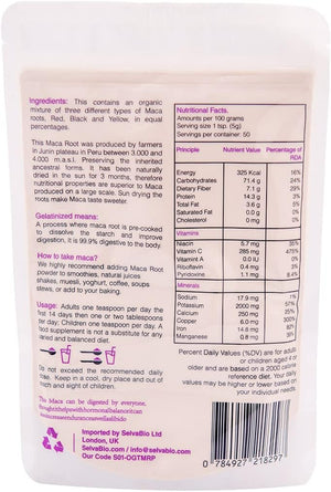 Triple Maca Root Powder, Organic Gelatinized, Certified, 250G from Peru, Women Hormonal Balance or for Men Prostate Support, by Selvabio.