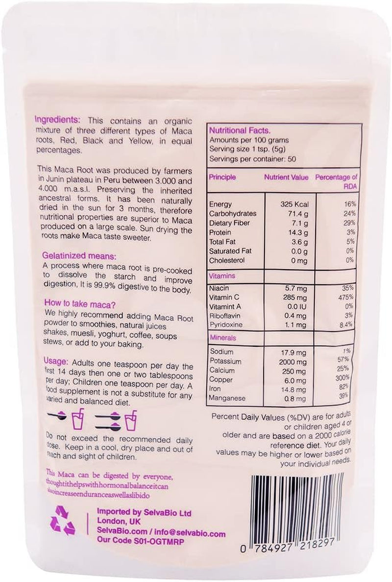 Triple Maca Root Powder, Organic Gelatinized, Certified, 250G from Peru, Women Hormonal Balance or for Men Prostate Support, by Selvabio.