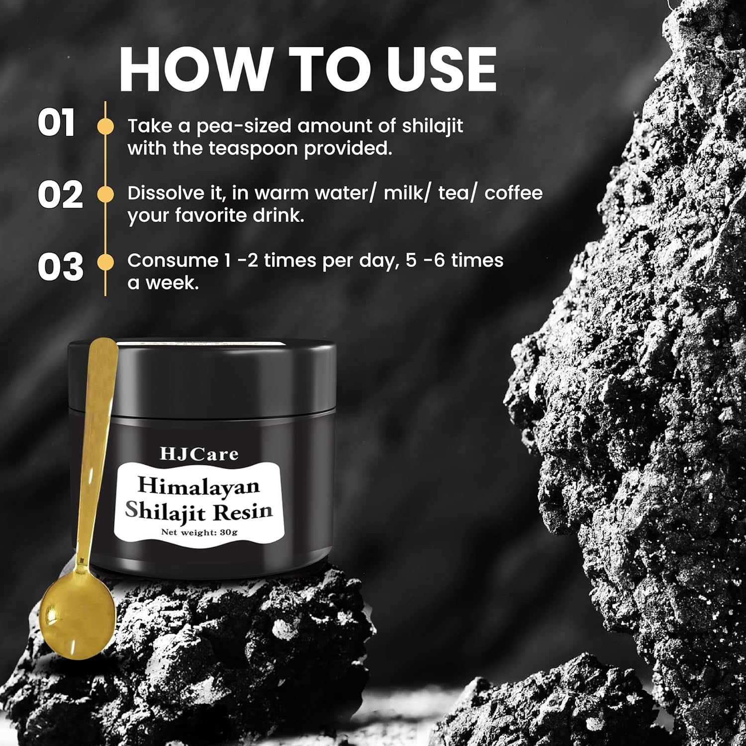 HJCARE Himalayan Shilajit Resin 30G - 100% Pure Gold Grade for Men & Women, 60 Servings for Energy Boost & Immune Support, 75%+ Fulvic Acid & Vitality Booster