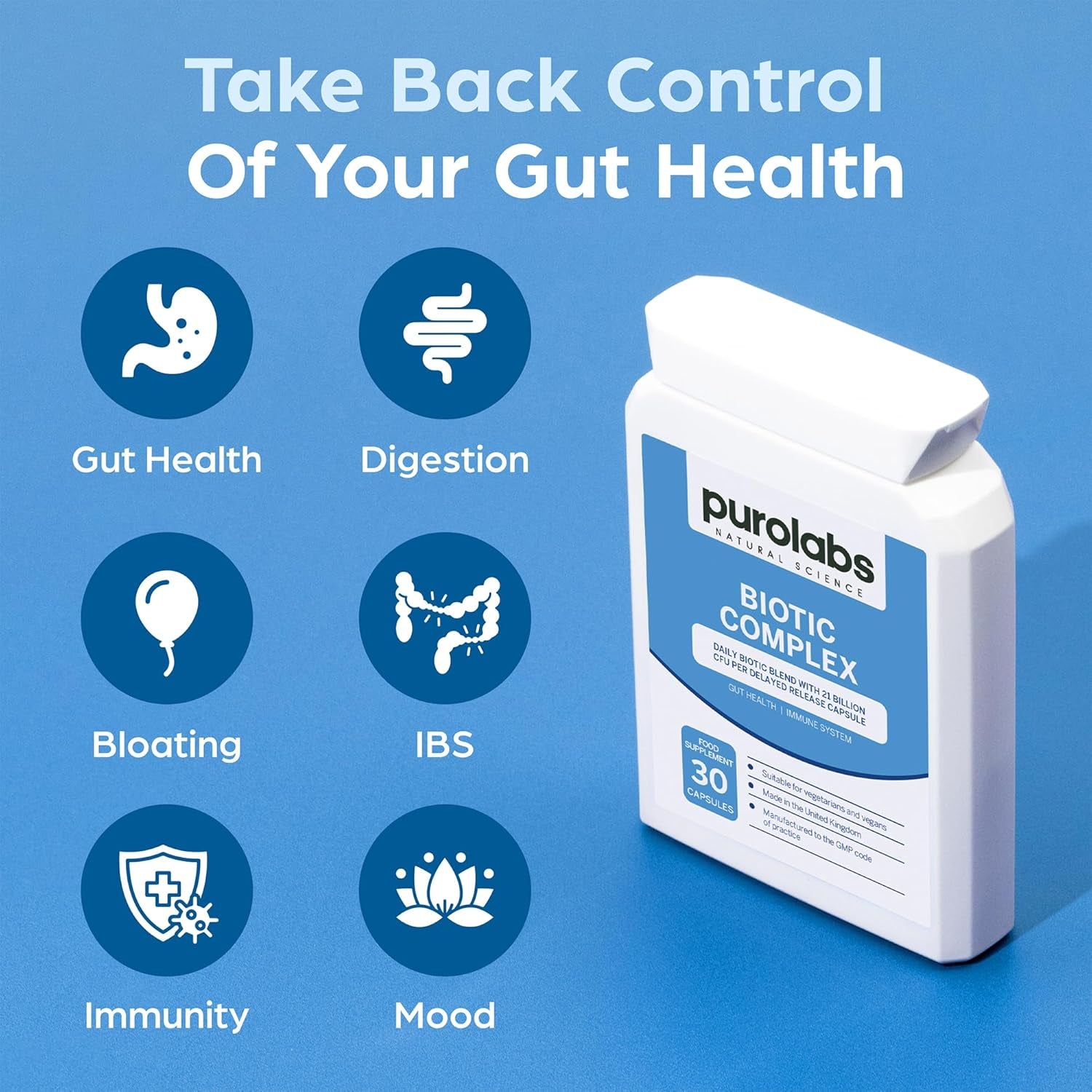 Purolabs Probiotic Complex for Gut Health | High Strength Probiotic for Men and Women | 21 Billion CFU with Prebiotic | 30 Vegan Capsules | Made in the UK