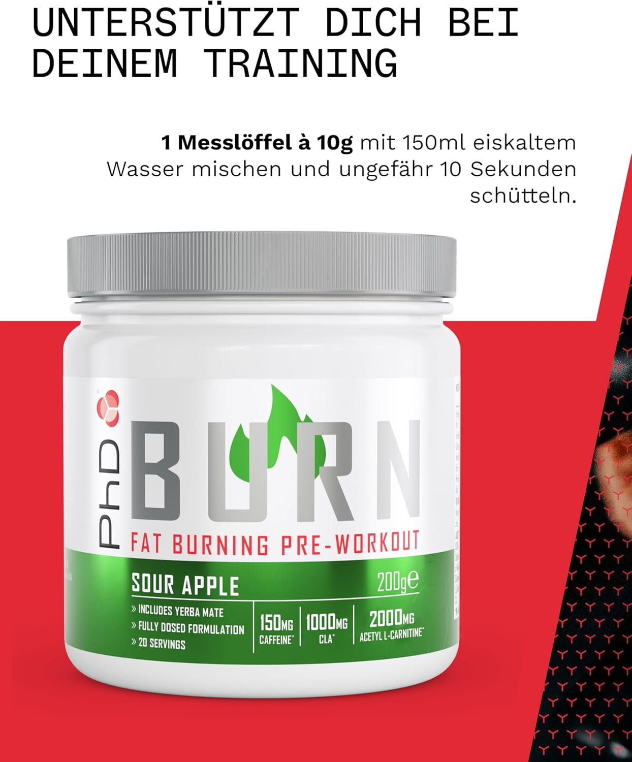 Phd Burn Pre Workout Powder with L Carnitine for Women and Men, Rich in CLA, High Caffeine for Pre-Workout, Sour Apple Flavour, 20 Servings (200G)