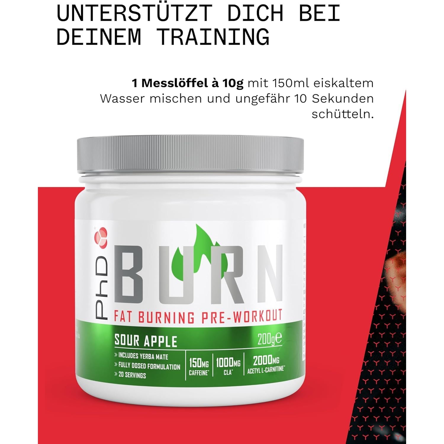 Phd Burn Pre Workout Powder with L Carnitine for Women and Men, Rich in CLA, High Caffeine for Pre-Workout, Sour Apple Flavour, 20 Servings (200G)