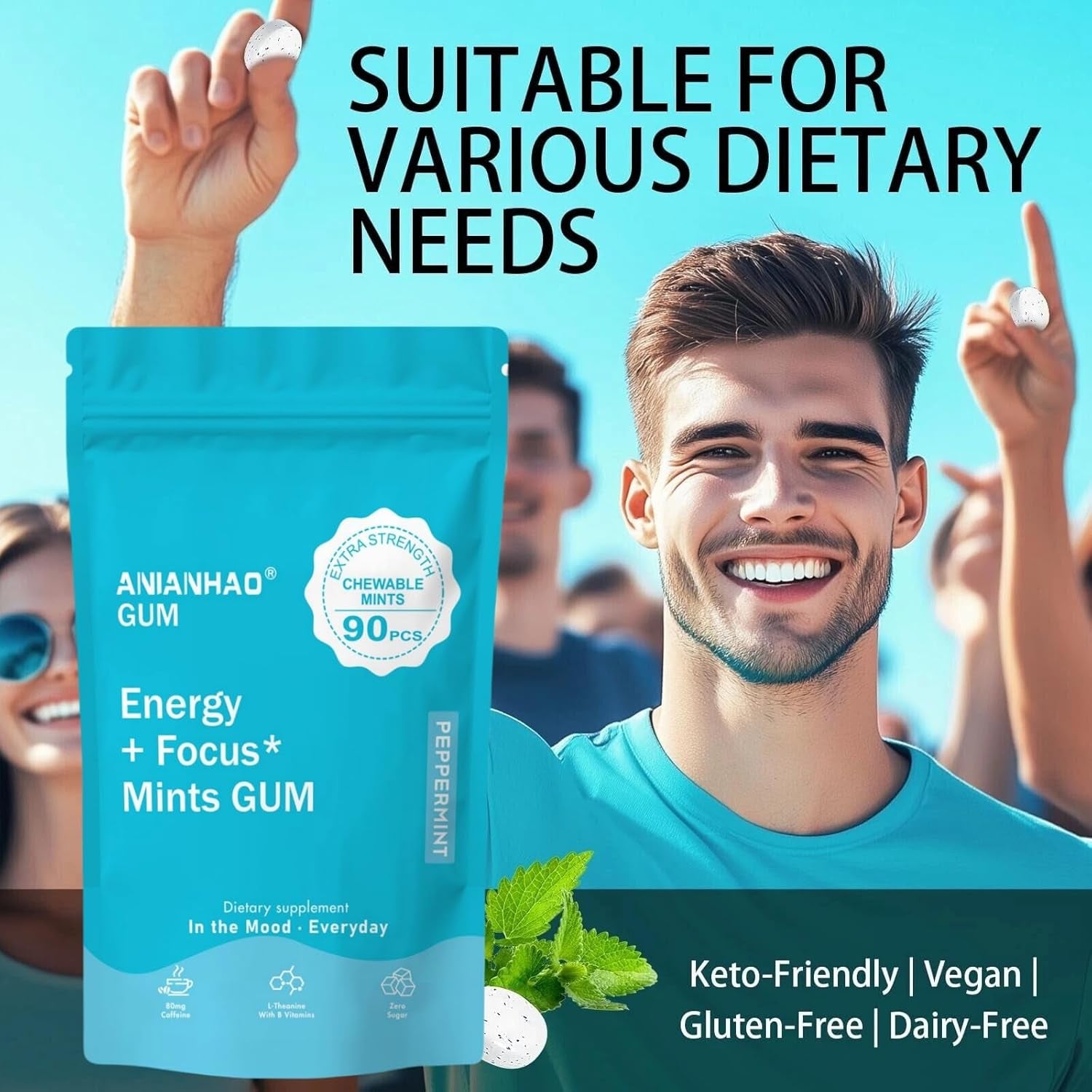 Energy & Focus Gum, 90 Pcs Energy & Focus Peppermint Chewing Gum, with B-Vitamins, L-Theanine and Natural Caffeine, Sugar-Free Dietary Supplement