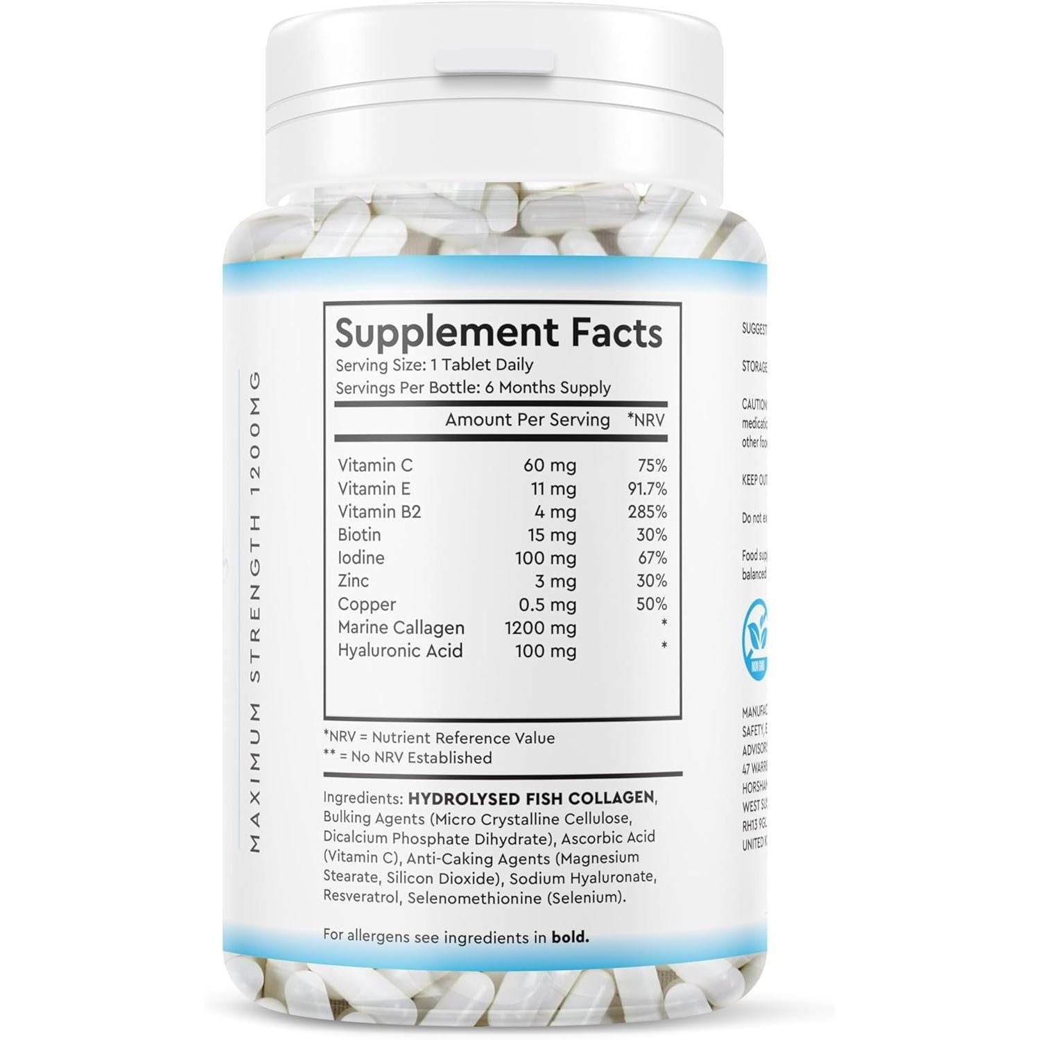 Marine Collagen Tablets 180 Days Supply High Strength Collagen Tablets - Hydrolyzed Dairy & Gluten Free for Skin, Hair, and Muscle & Joints - 6 Months Supply