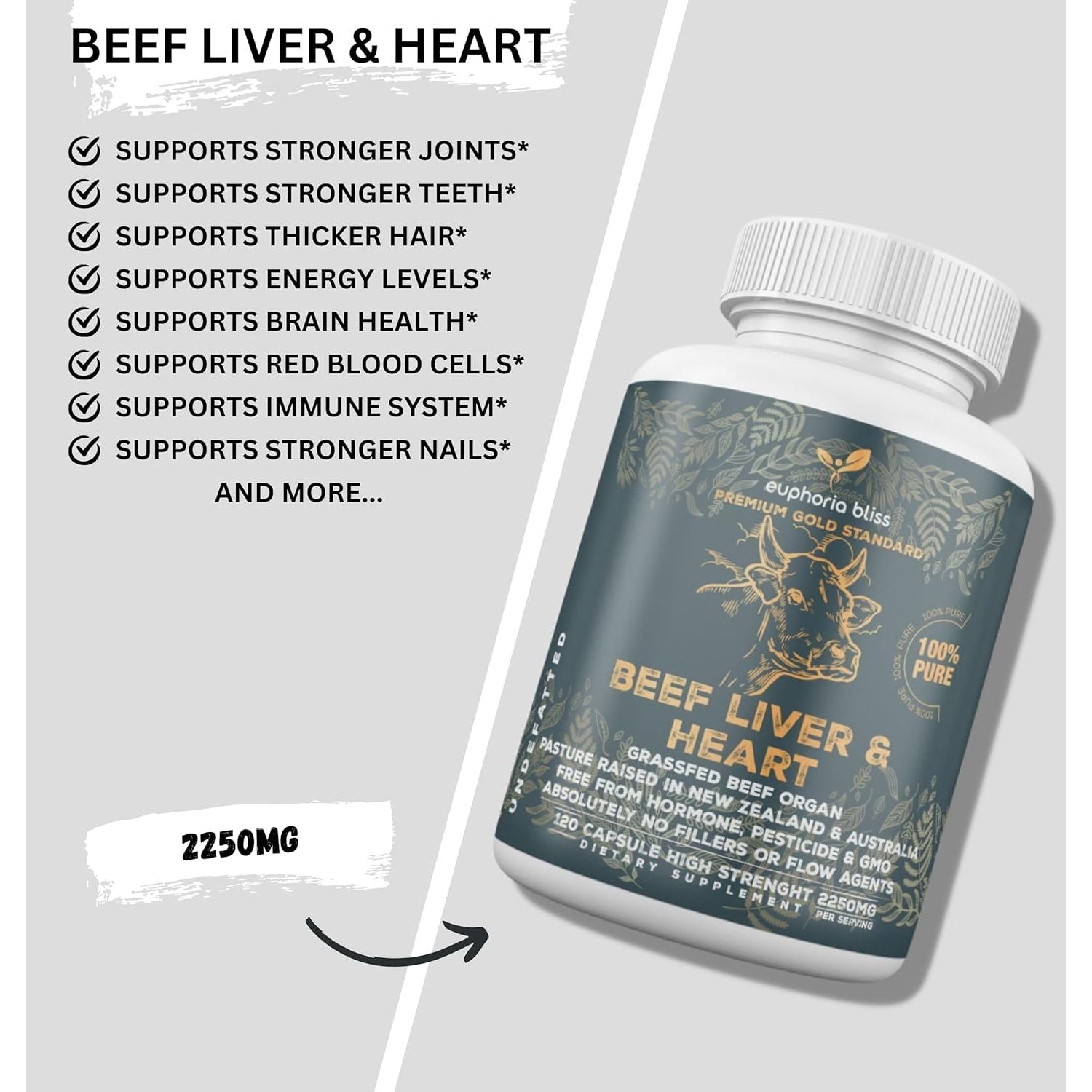 Grass Fed Desiccated Beef Liver & Heart Capsules 2250Mg (120 Pills, 750Mg Each) – Coq10 - Energy - Digestion – Heart - Detoxification Non-Gmo - Freeze Dried - Pasture Raised Undefatted in New Zealand