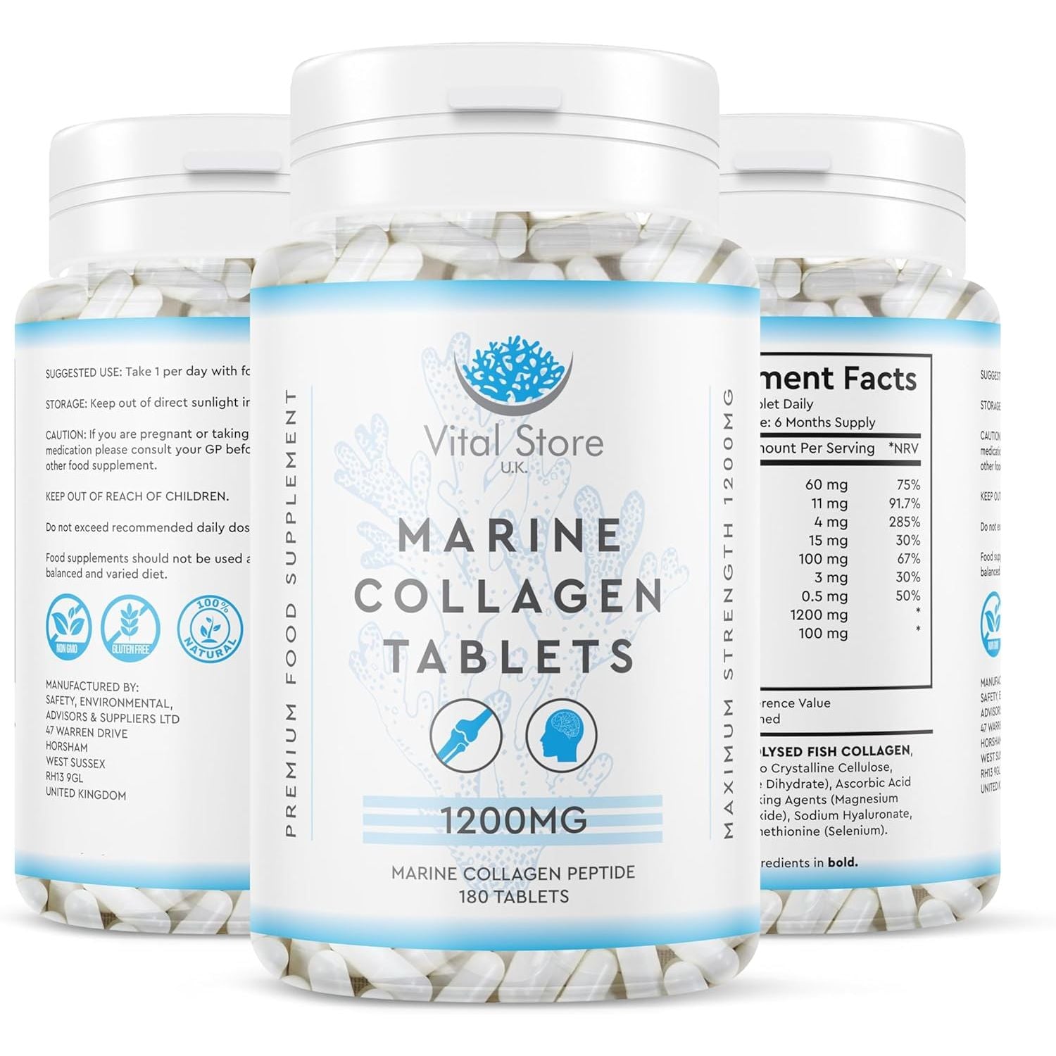 Marine Collagen Tablets 180 Days Supply High Strength Collagen Tablets - Hydrolyzed Dairy & Gluten Free for Skin, Hair, and Muscle & Joints - 6 Months Supply