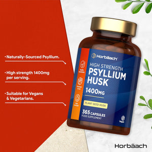 Psyllium Husk Capsules 1400Mg | Fibre Supplement | 365 Vegan Capsules (6-Month Supply) | High Strength Psyllium Husk Powder | Natural Prebiotic | by Horbaach