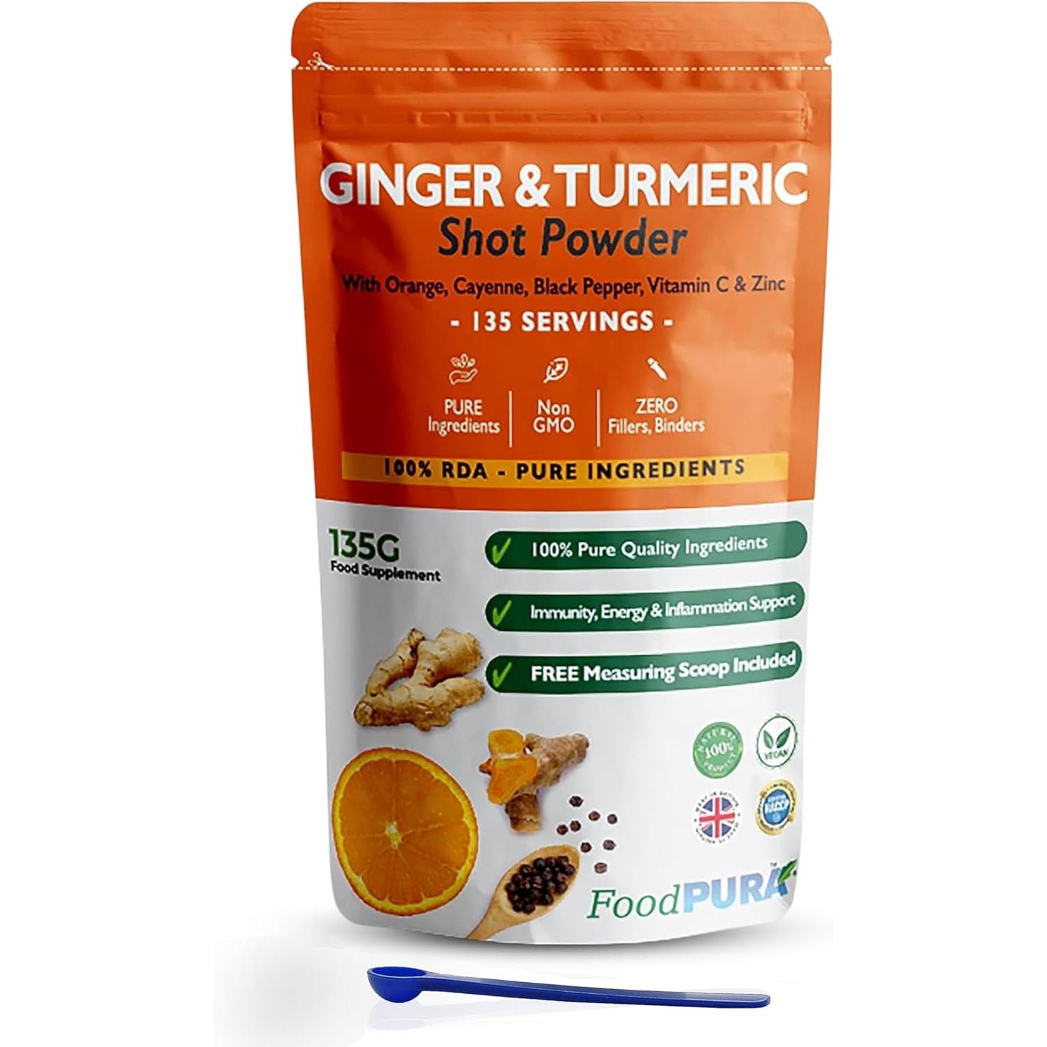 Foodpura 135G Ginger & Turmeric Shot Drink Powder 135 Servings with Orange Cayenne Black Pepper Vitamin C & Zinc 100% RDA Natural Supplement No Added Sugar Immunity Energy & Inflammation Support