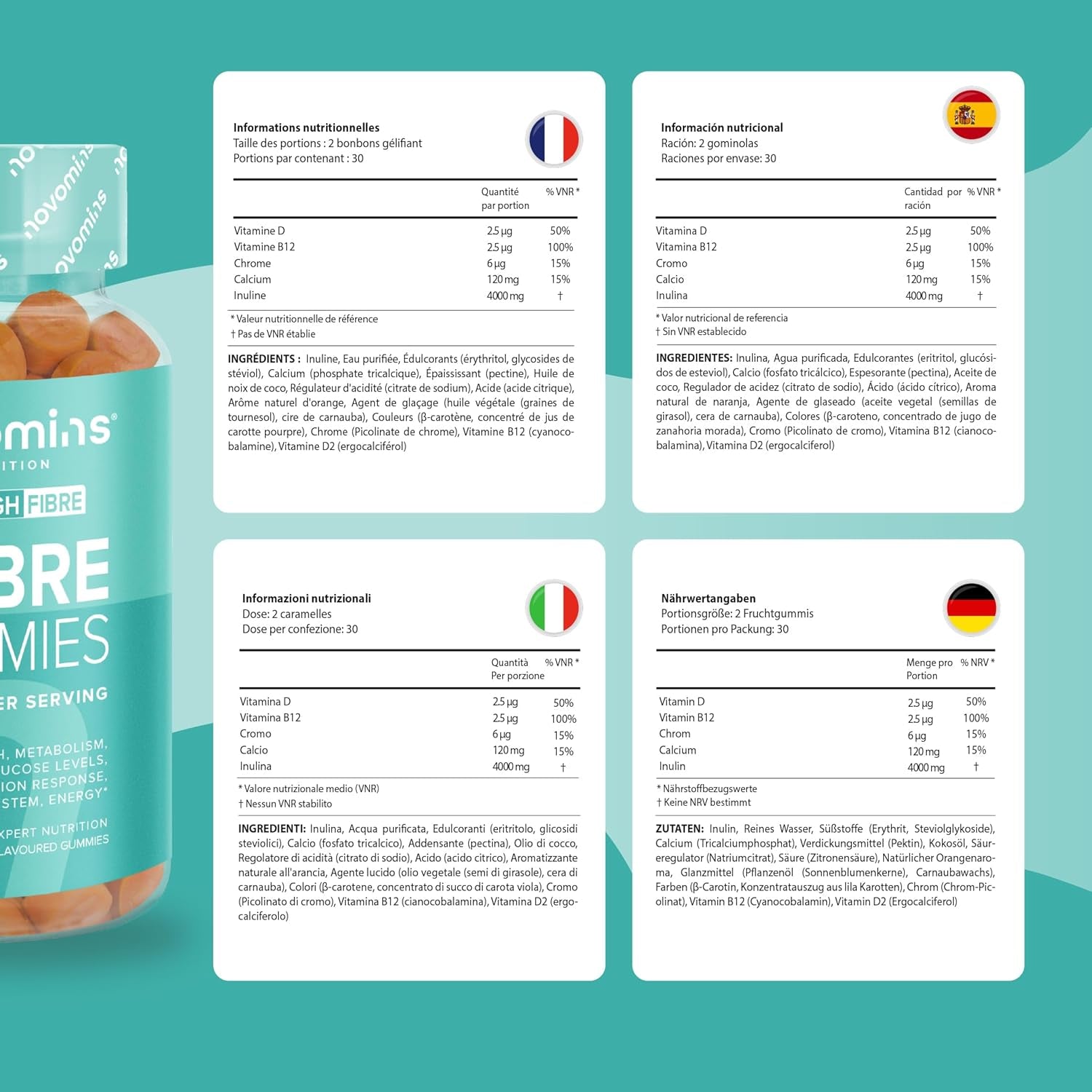 Fibre Gummies – 4000 Mg High Fibre – Fibre Supplements with Calcium for Gut Health and Digestive System Support - Vitamin D, B12, Chromium and Inulin - 60 Gummies – by Novomins
