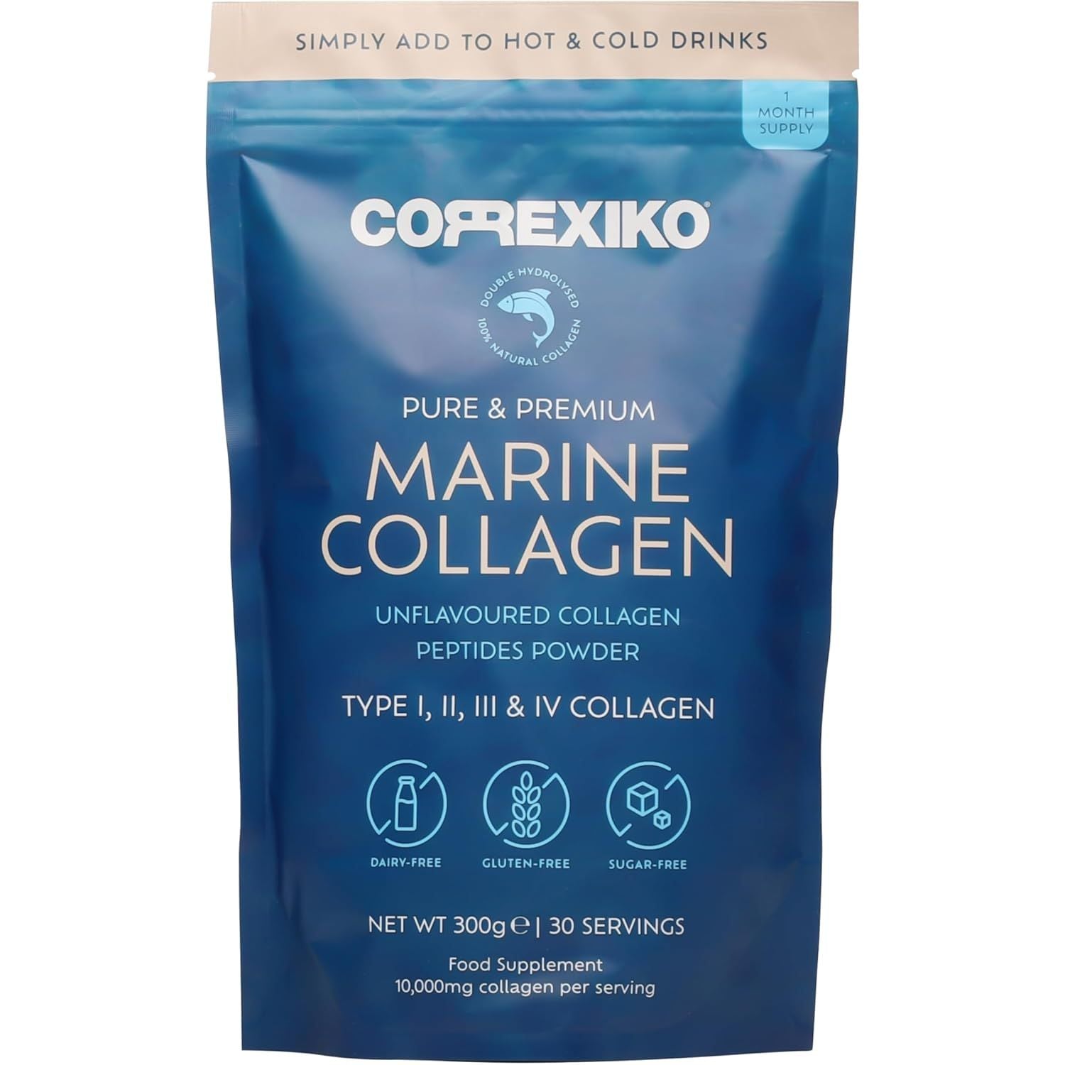 CORREXIKO Marine Collagen Powder Supplement Unflavoured - 10,000Mg Double Hydrolysed Collagen Peptides per Serving - Formulated for Maximum Absorption - for Hair, Skin & Nails - 300G, 30 Servings