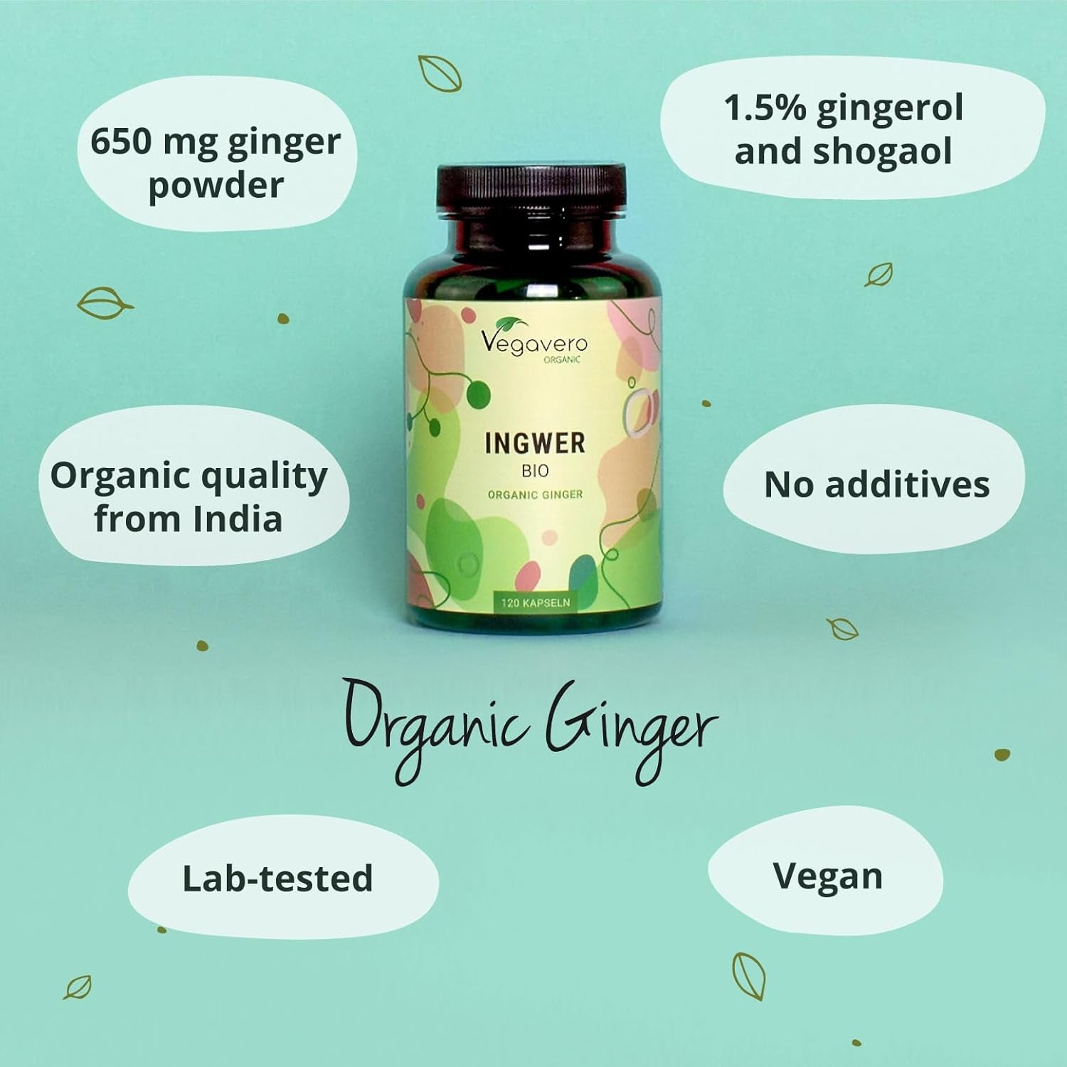 Vegavero Organic Ginger Capsules | 650 Mg Root Powder | NO Additives | Lab-Tested | 120 Units | Vegan