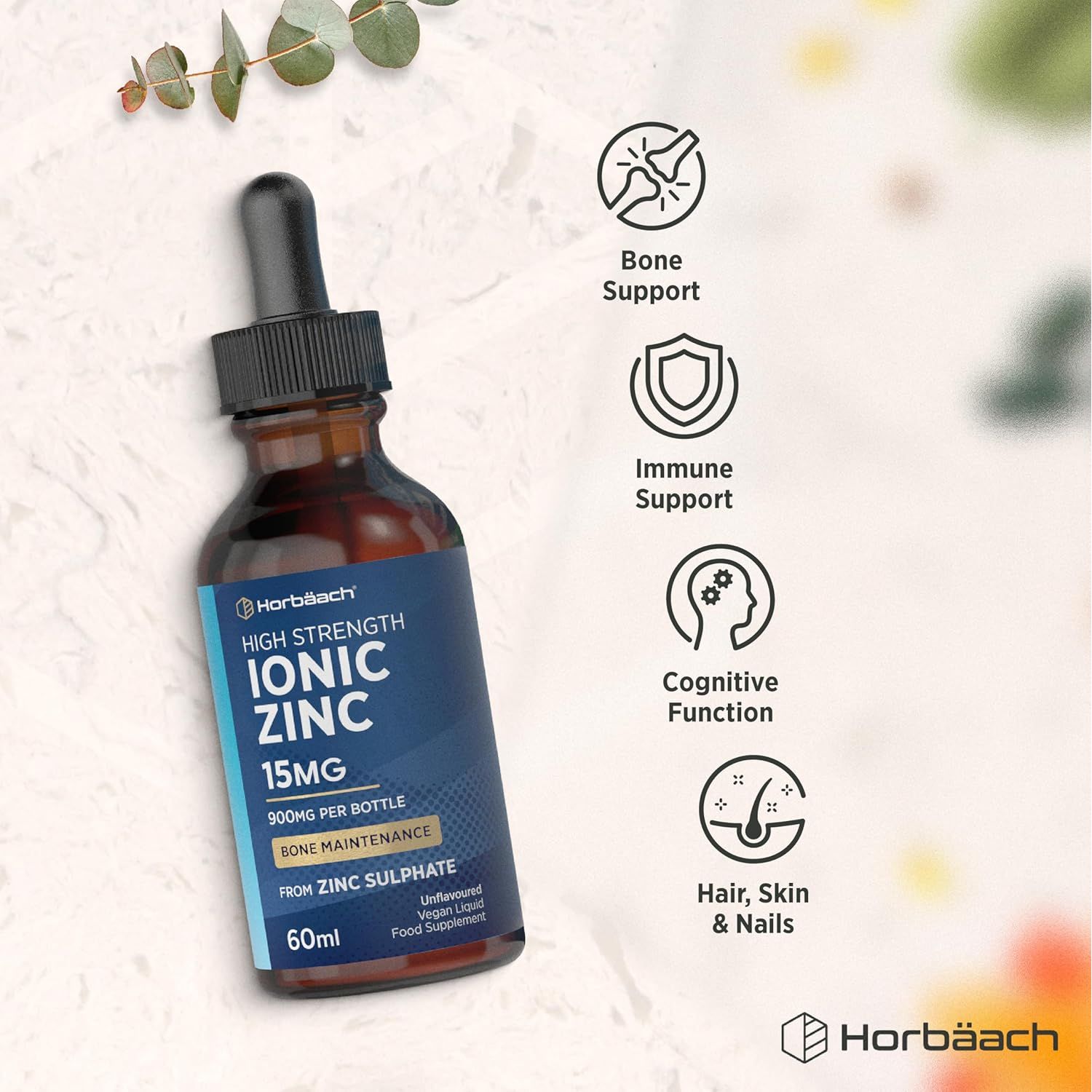 Ionic Zinc Liquid Drops | High Strength 15Mg Supplement from Zinc Sulphate | 900Mg per Bottle - 60Ml Liquid Drops | Suitable for Vegetarians & Vegans | by Horbaach